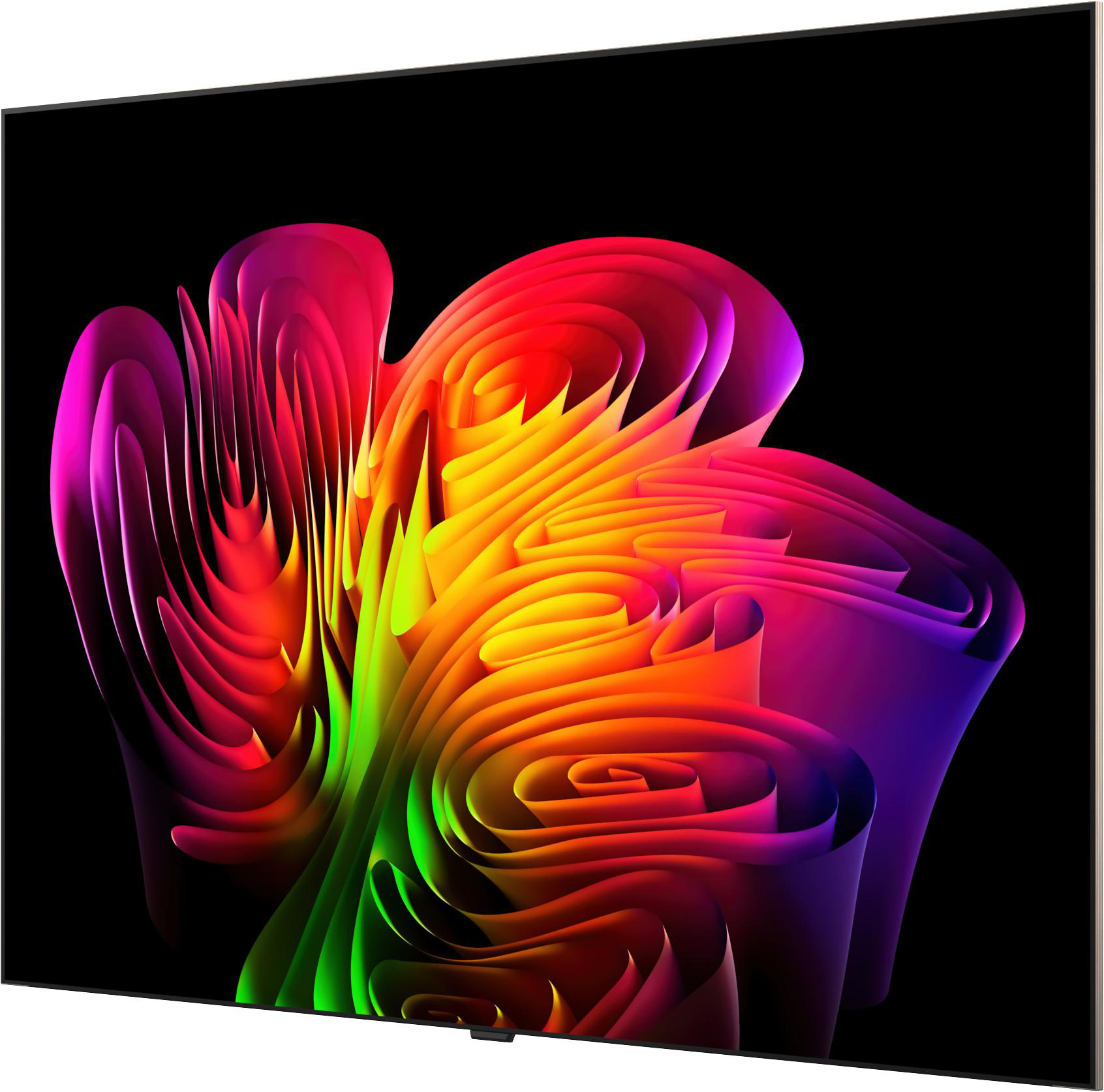 Ein Fernsehbildschirm zeigt eine abstrakte, bunte 3D-Grafik mit Rottönen, Gelb und Grün auf schwarzem Hintergrund.