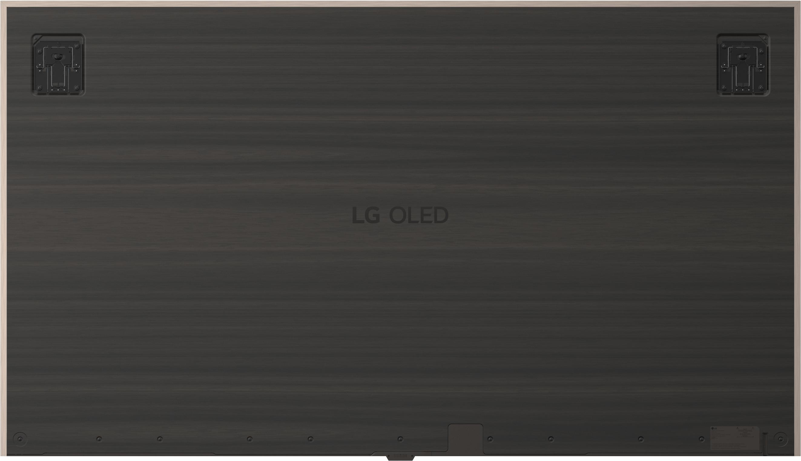 Rückseite eines dunklen LG OLED Fernsehers mit Wandhalterungspunkten und Logo.