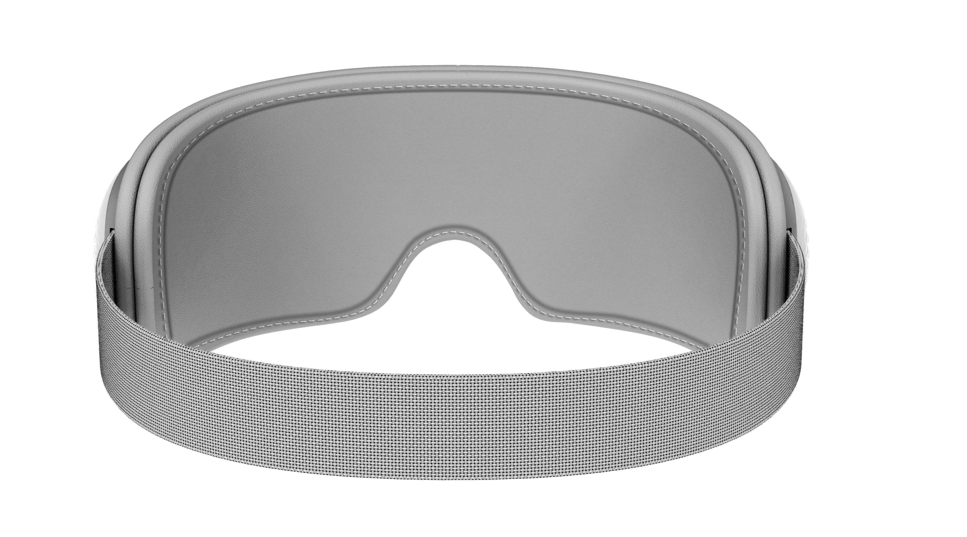 Graue Schlafmaske mit Stoffband. Weiße Nähte zieren die Kanten.