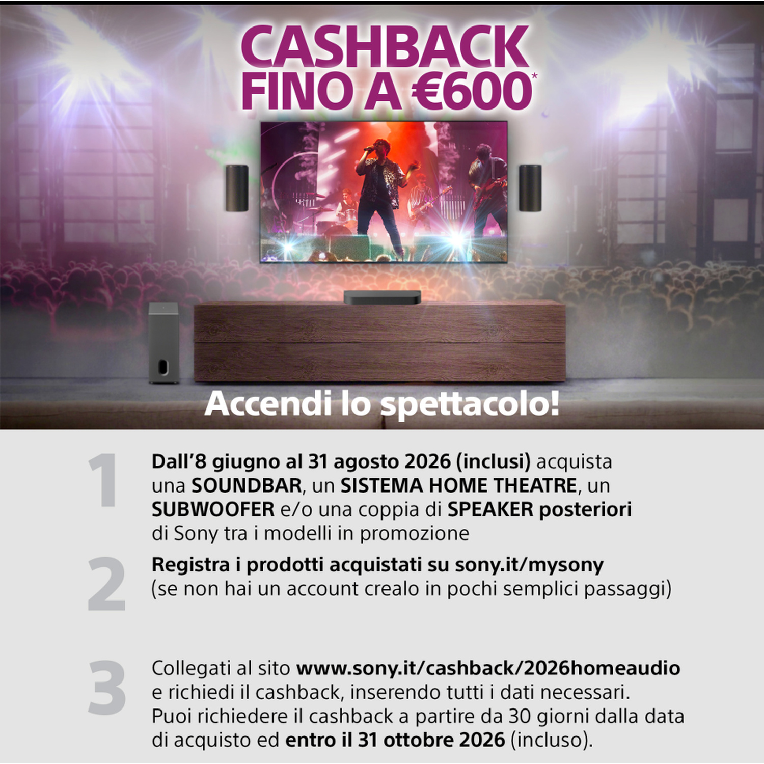 Pubblicità per cashback Sony fino a 600€ con immagine concerto e istruzioni.