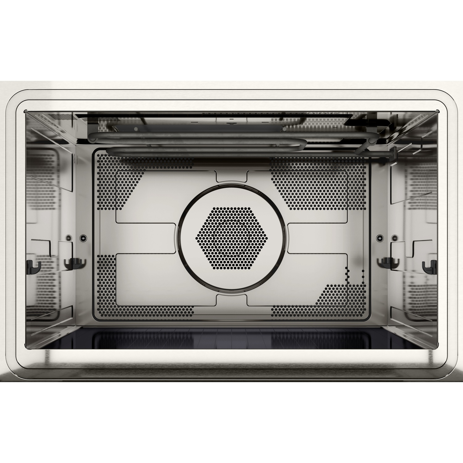 Interieur van een zilveren stoomoven met verwarmingsspiralen en ventilatierooster.