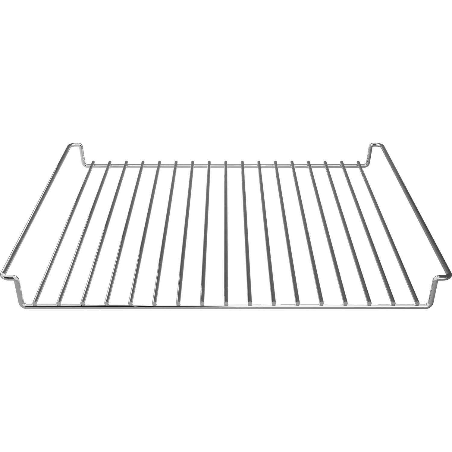 Een zilveren ovenrooster met parallelle staven en gebogen handvatten op witte achtergrond.
