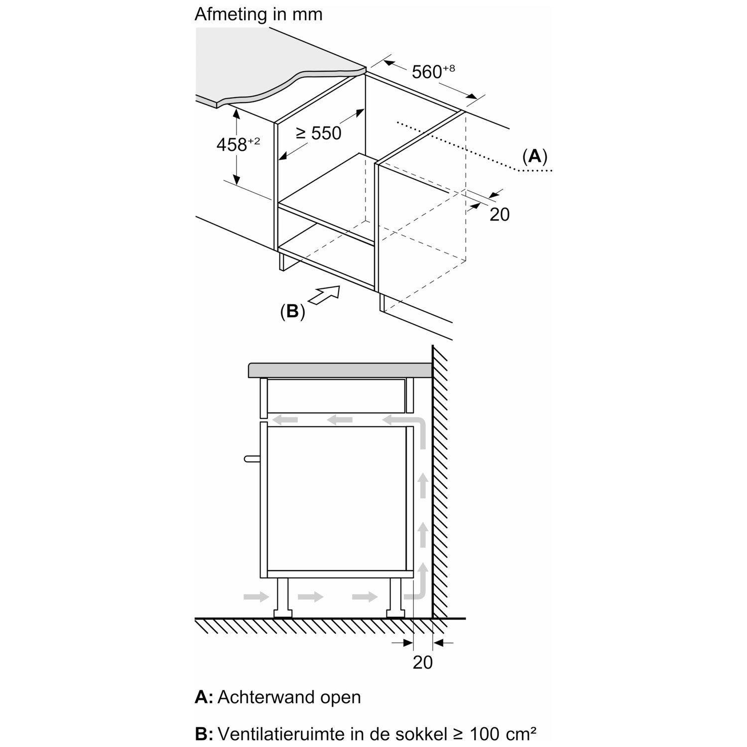 Technische tekening met afmetingen voor installatie en ventilatie.