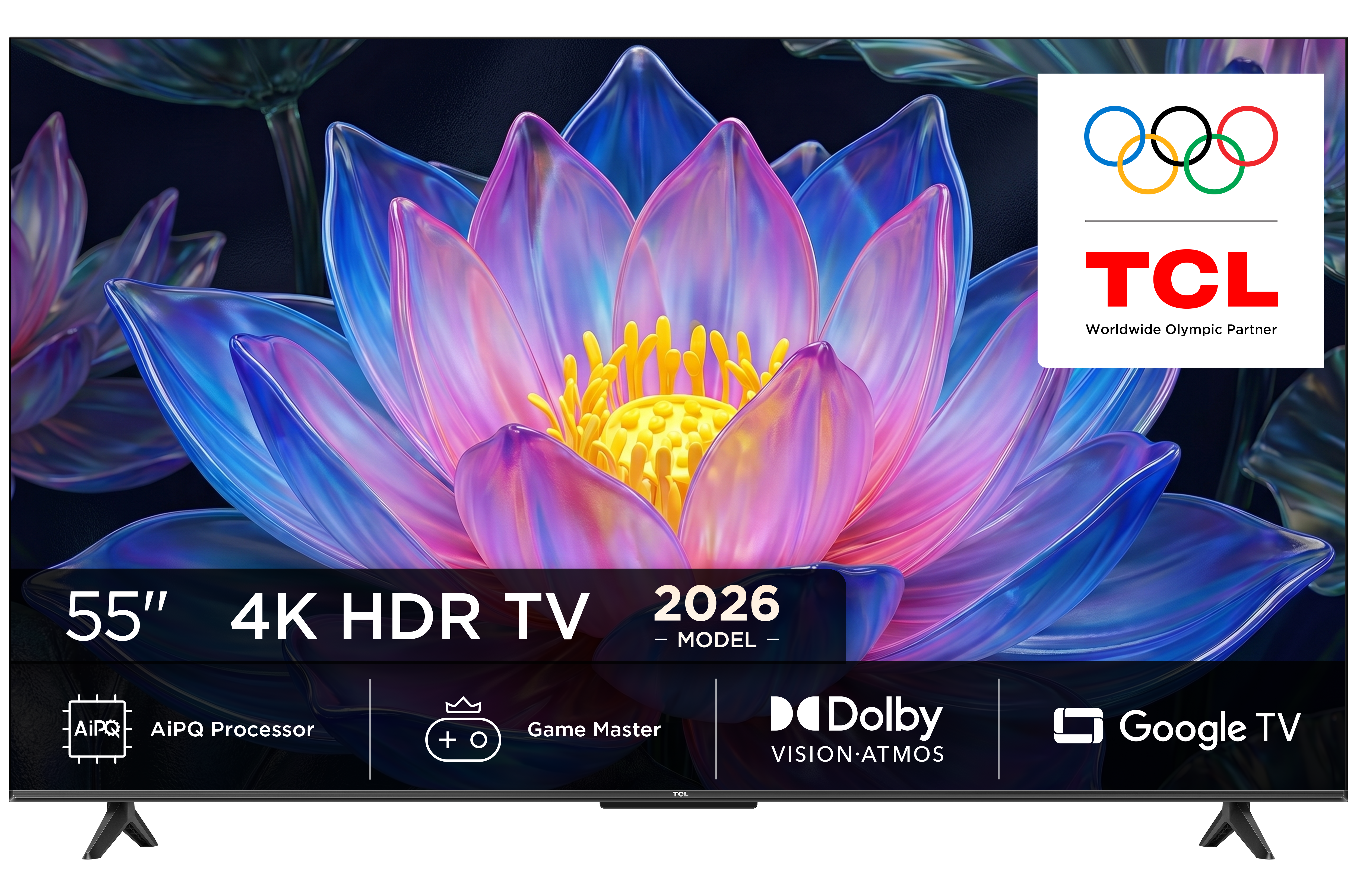 Telewizor 55" 4K HDR z kwiatowym tłem, logo TCL i kółkami olimpijskimi.