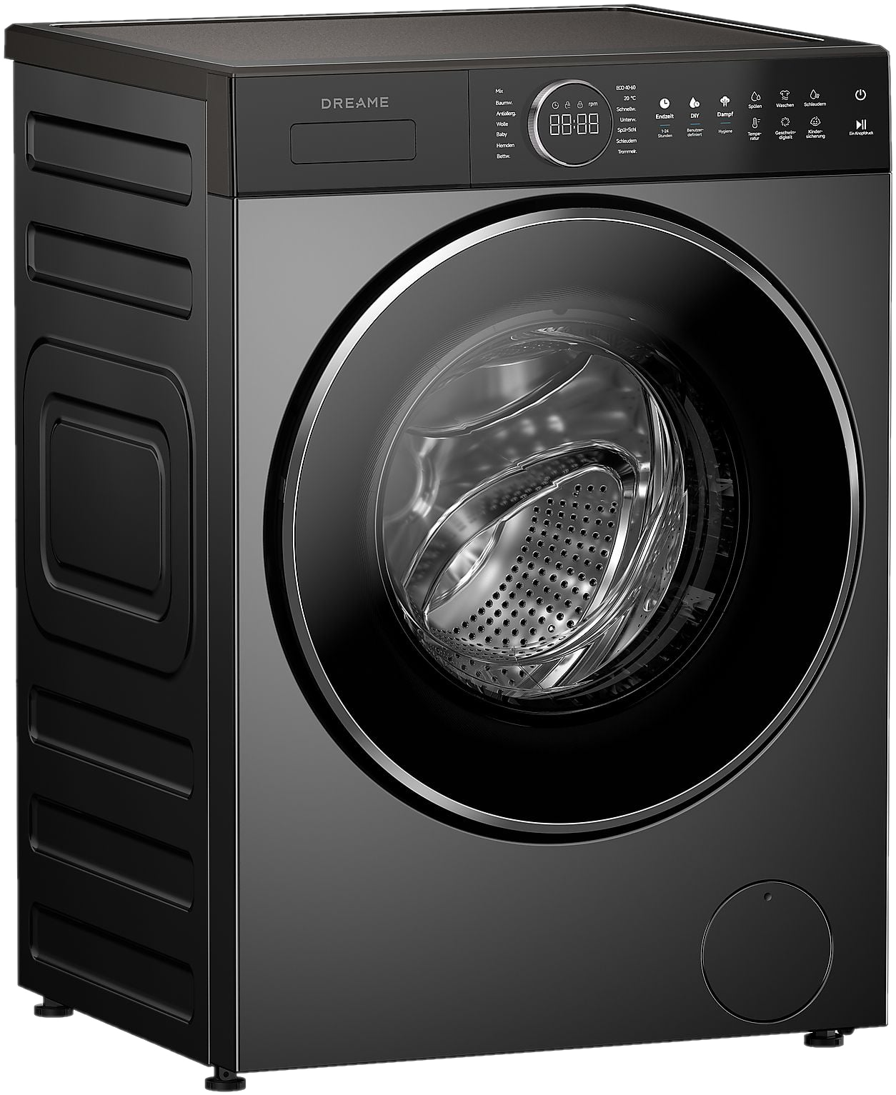Machine à laver noire Dreame avec écran numérique et panneau de commande.