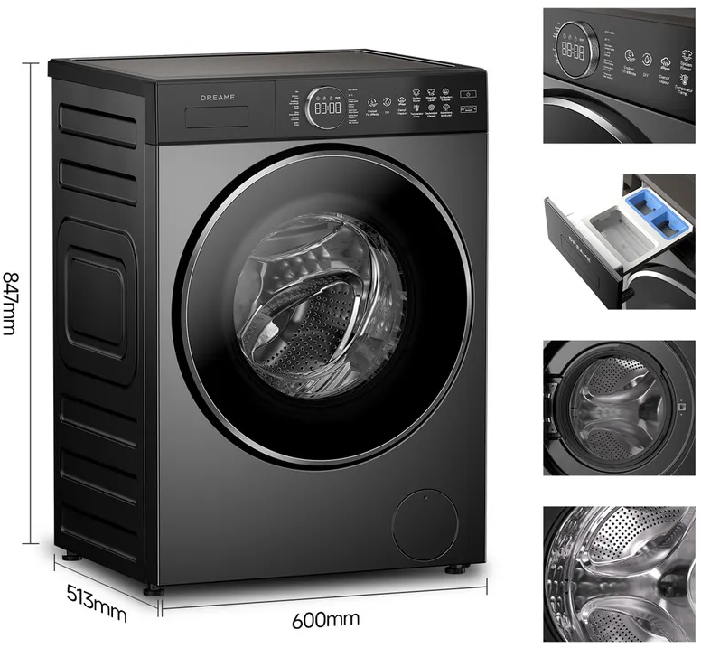 Machine à laver noire avec tambour argenté. Dimensions: 847x600x513mm.