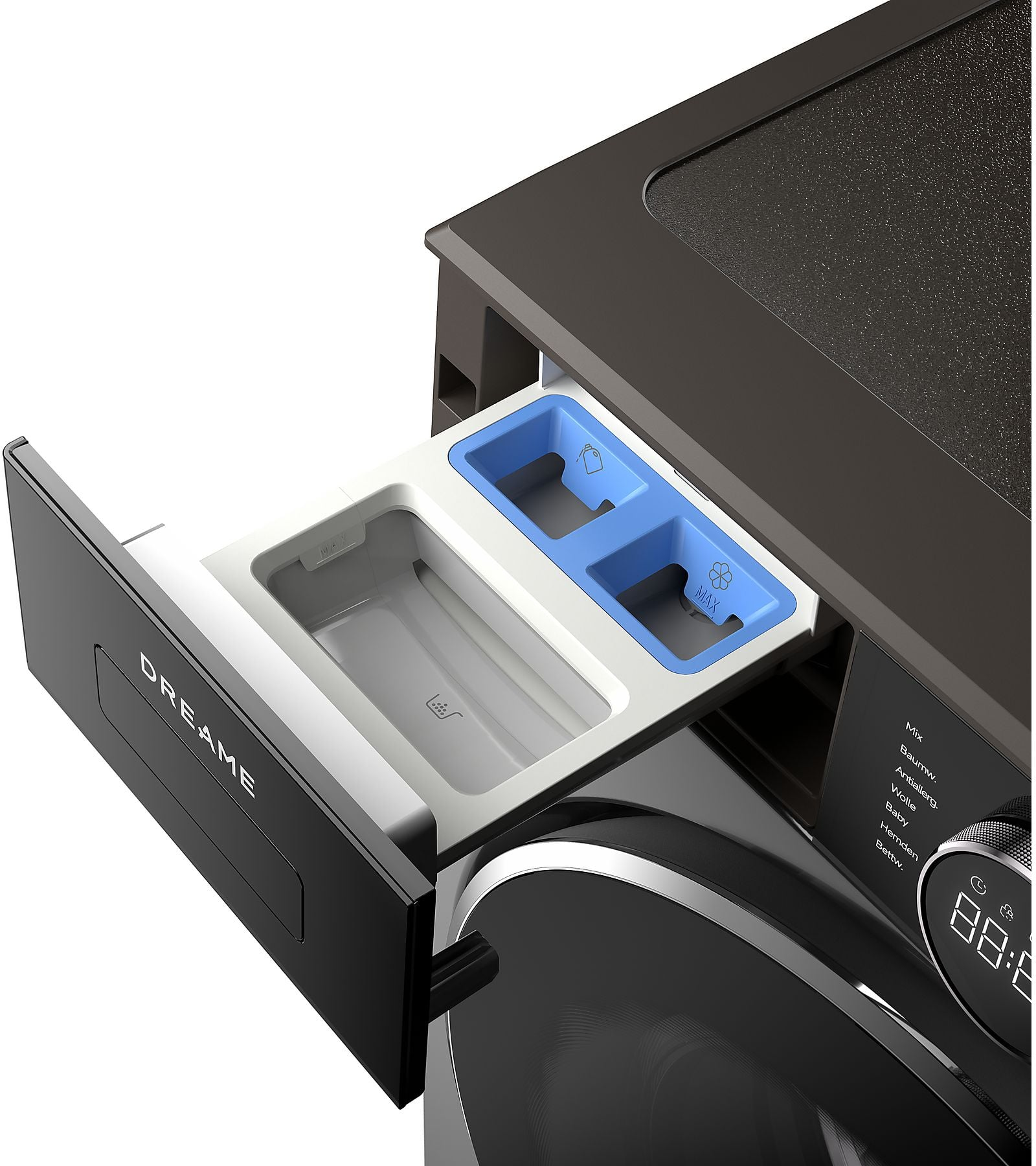 Un distributeur de détergent pour machine à laver avec des compartiments pour détergent et adoucissant.