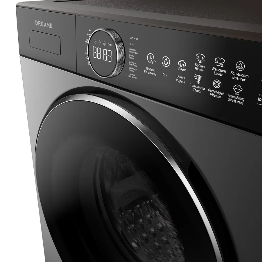 Gros plan d'une machine à laver moderne avec écran numérique et panneau de commande.