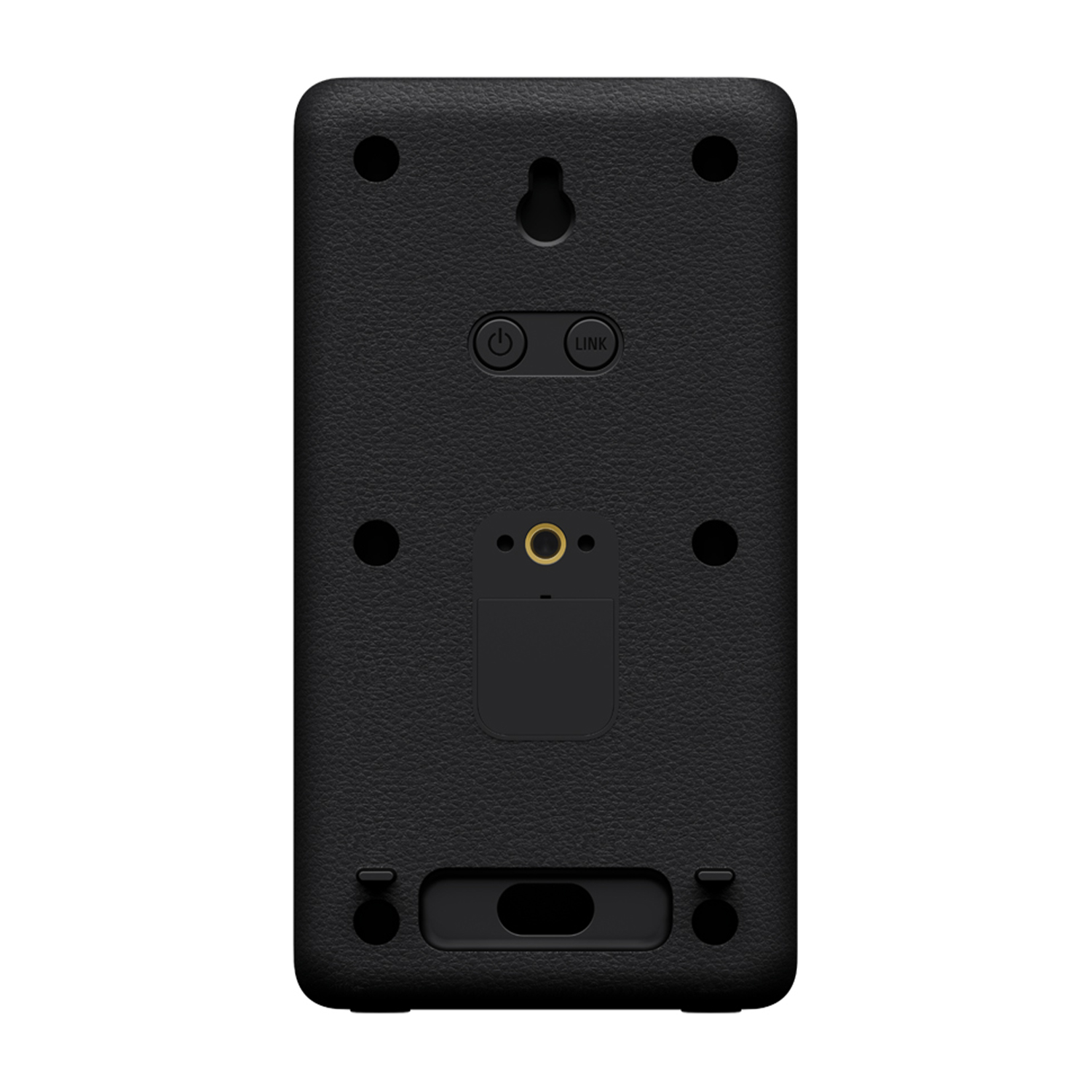 Retro di un altoparlante nero con porte e pulsanti, inclusi accensione e link.