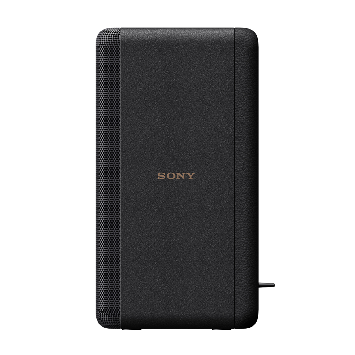Altoparlante Sony nero su bianco, il lato destro ha un motivo traforato.