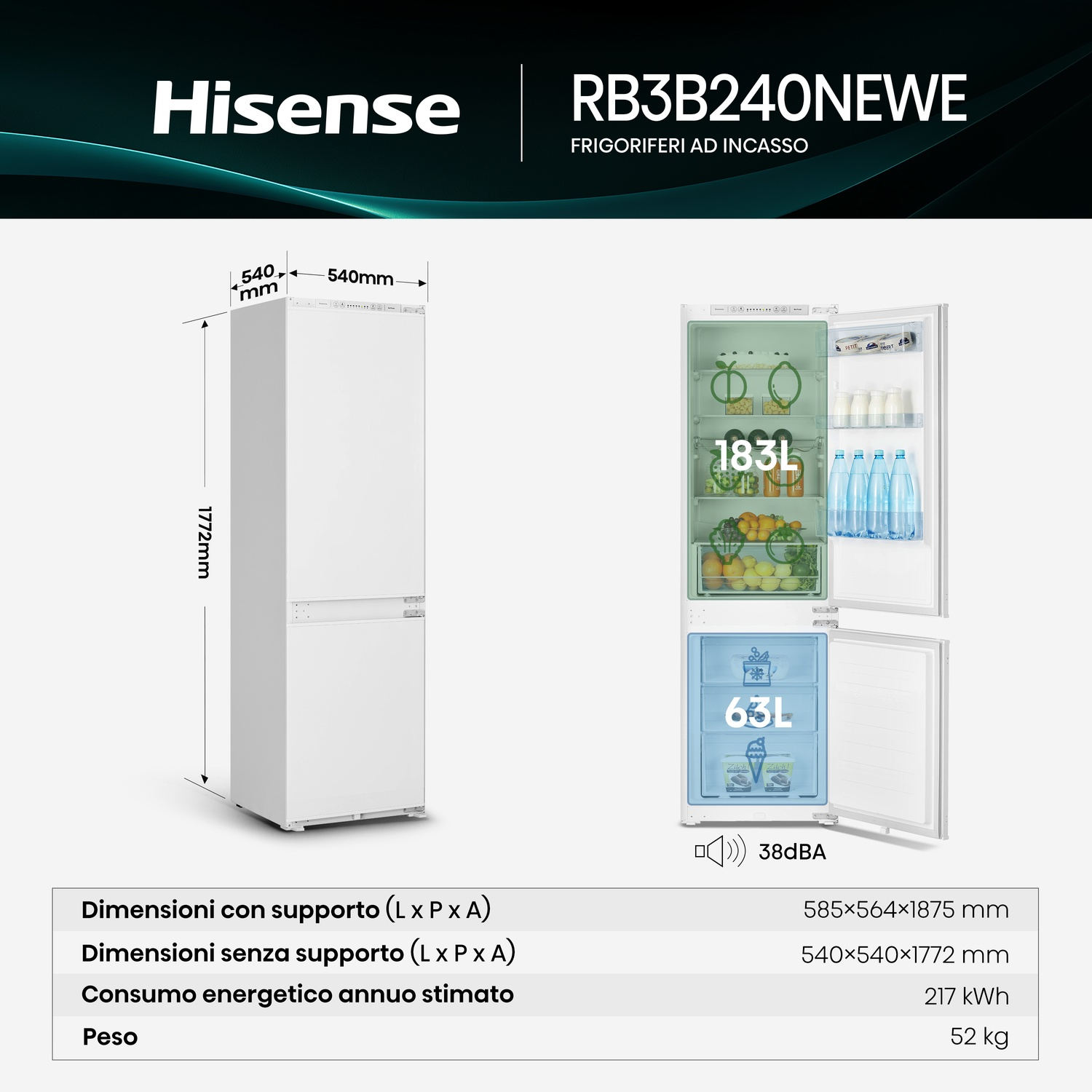 Frigo Hisense RB3B240NEWE: 1772mm H, 540mm L, 183L frigo, 63L freezer, 38dBA.
