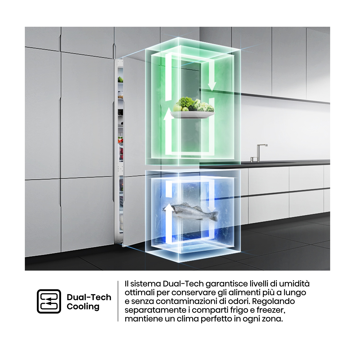 Frigorifero con Dual-Tech Cooling: verdure sopra, pesce sotto.