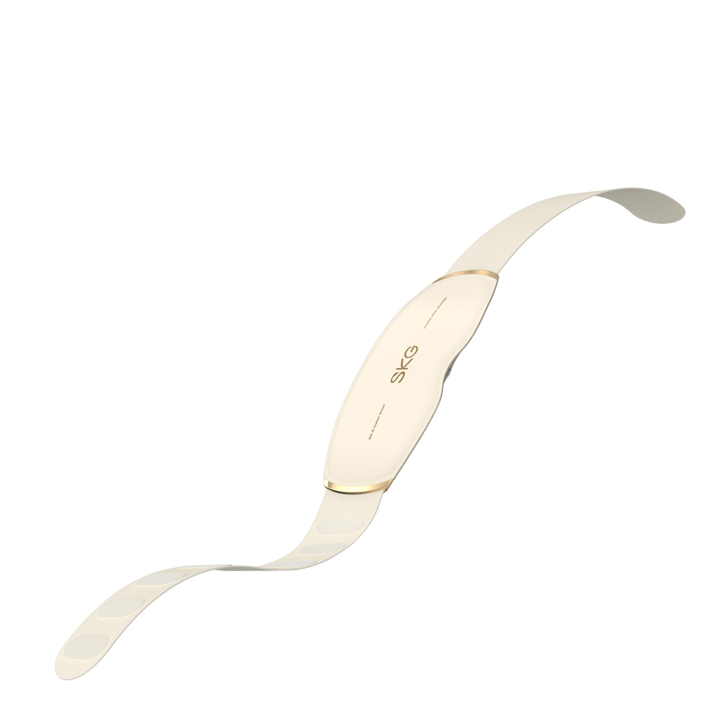 Ein weißer Nackenmassager mit dem Logo SKG und goldenen Akzenten.