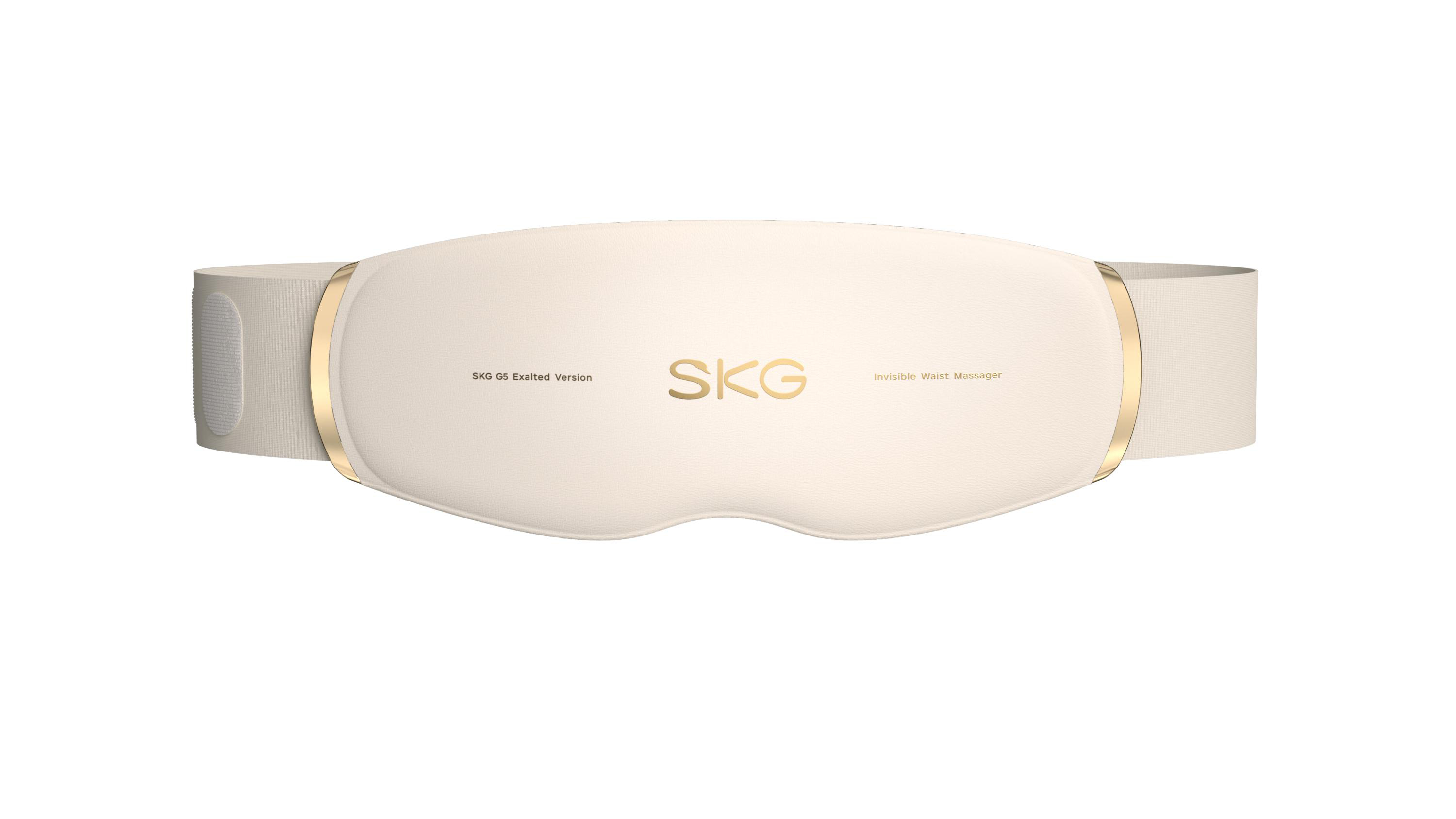 Ein beiger Taillenmassagegürtel mit goldenen Akzenten und dem SKG-Logo.