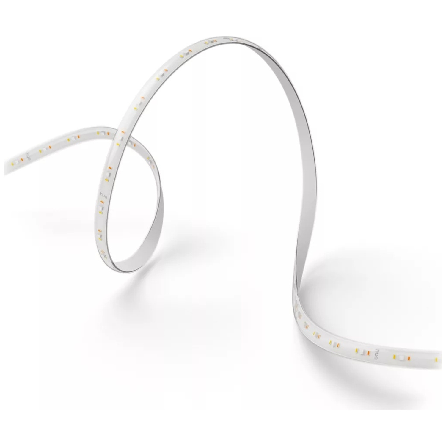 Une bande lumineuse LED blanche avec des LED colorées visibles est enroulée sur fond blanc.
