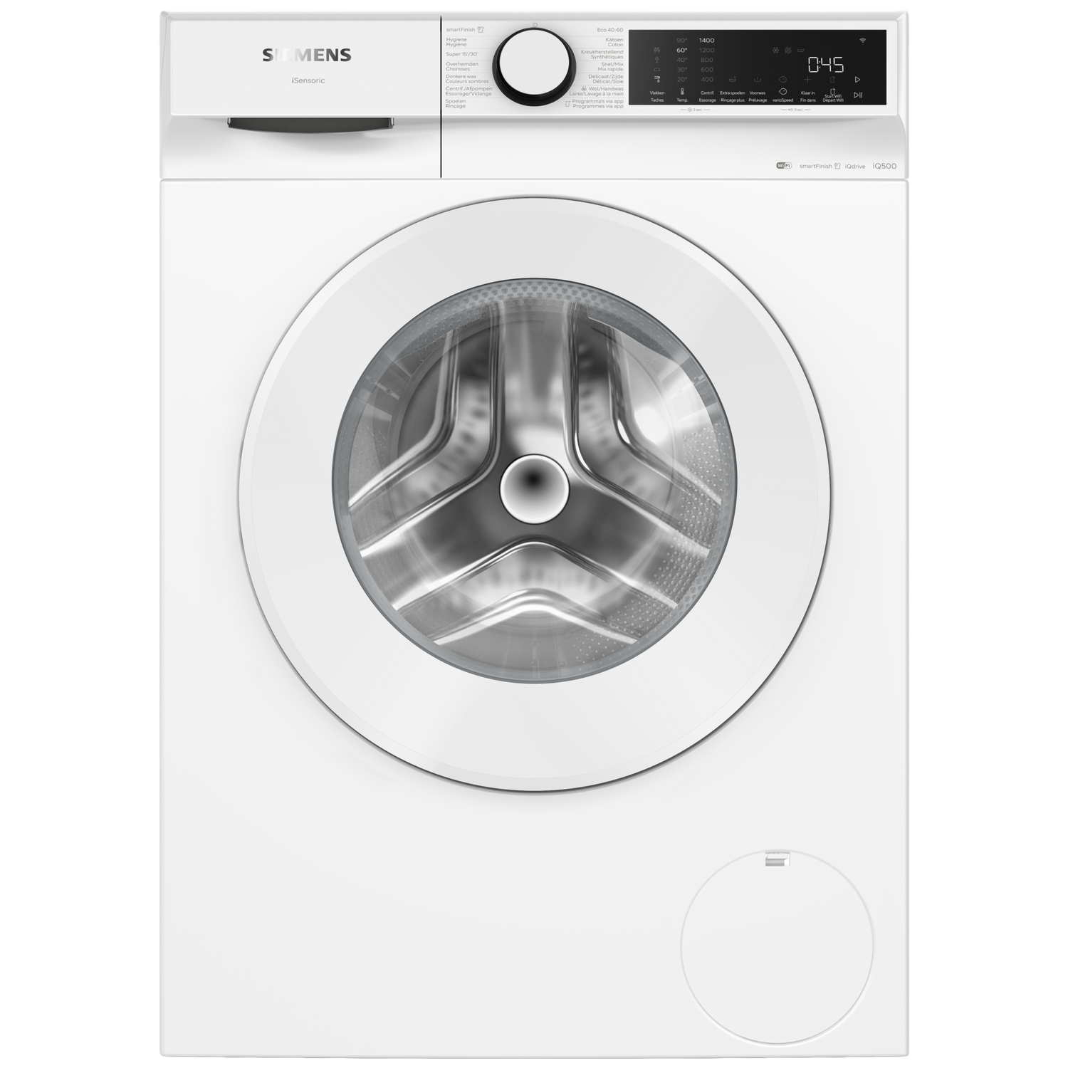 Une machine à laver Siemens blanche avec écran numérique et porte ronde.
