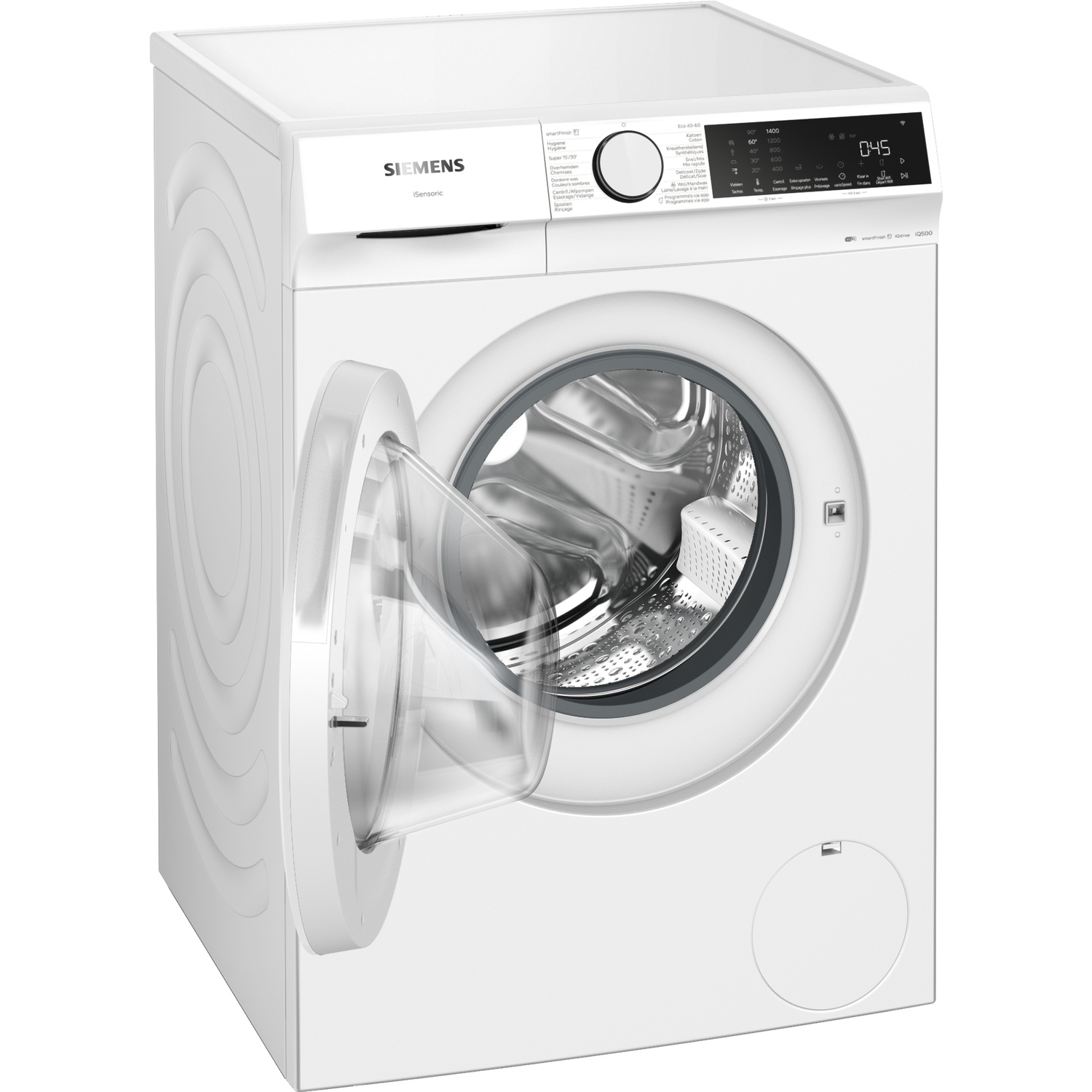 Une machine à laver Siemens blanche avec porte ouverte et écran numérique.