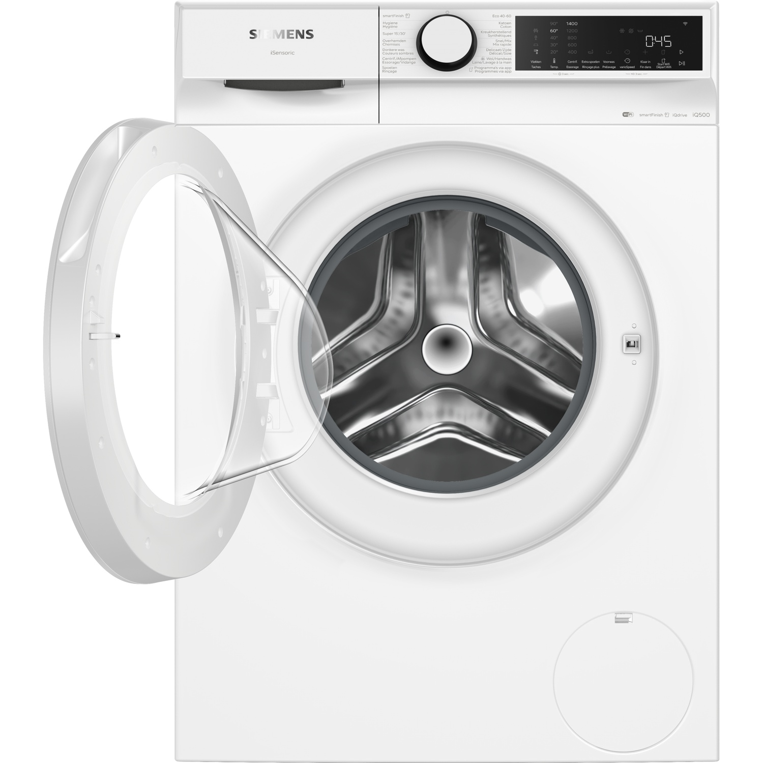 Lave-linge Siemens blanc avec porte ouverte et tambour argenté.
