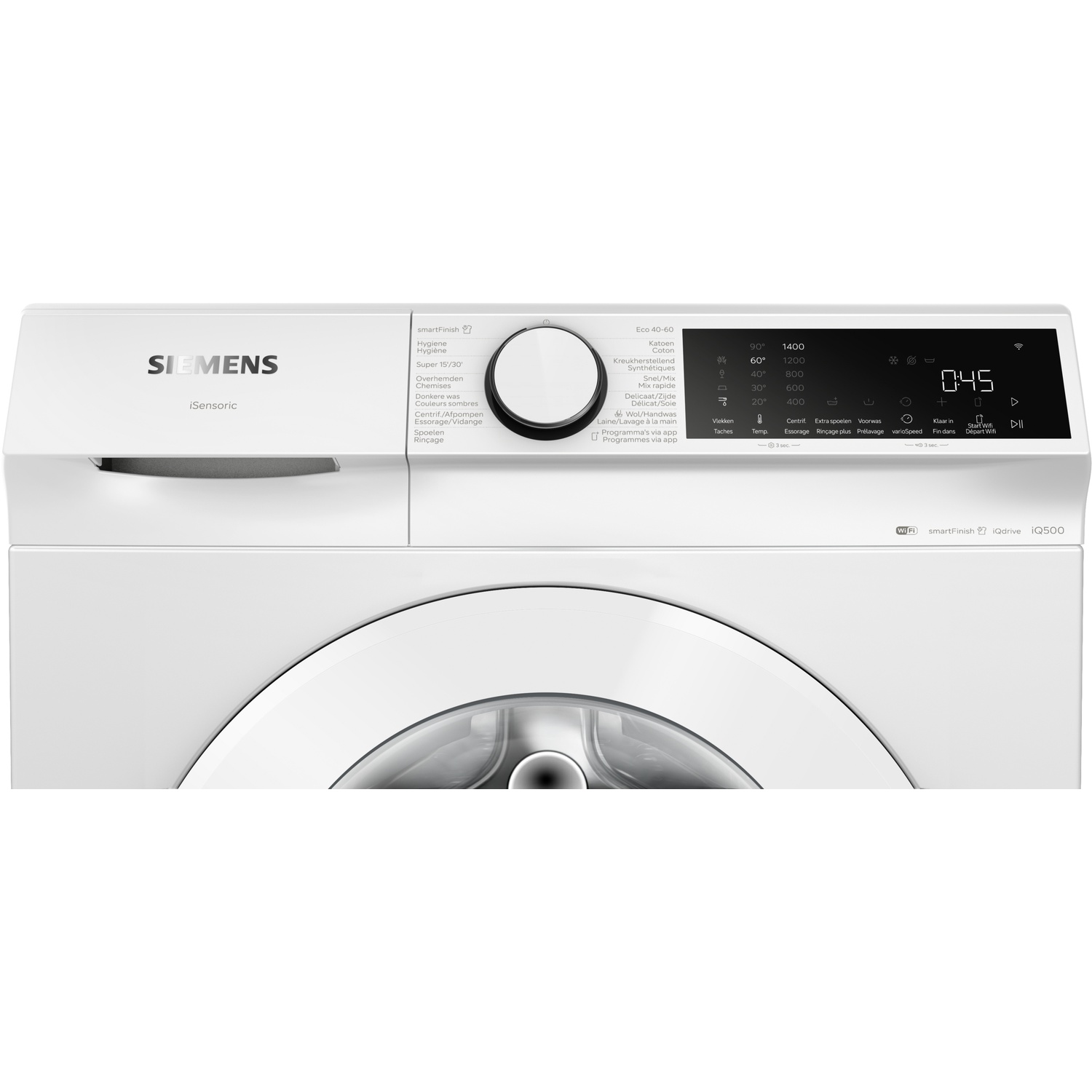 Machine à laver Siemens blanche avec écran numérique et sélection de programmes.