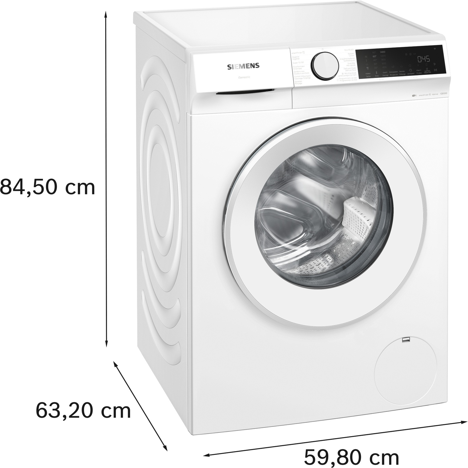 Machine à laver blanche Siemens avec écran numérique et porte ronde.