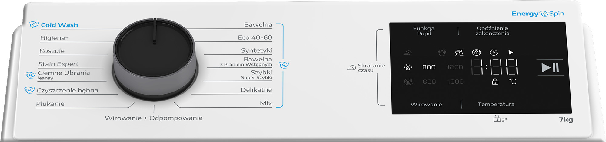 Panel sterowania pralki z pokrętłem, wyświetlaczem i przyciskami programów.