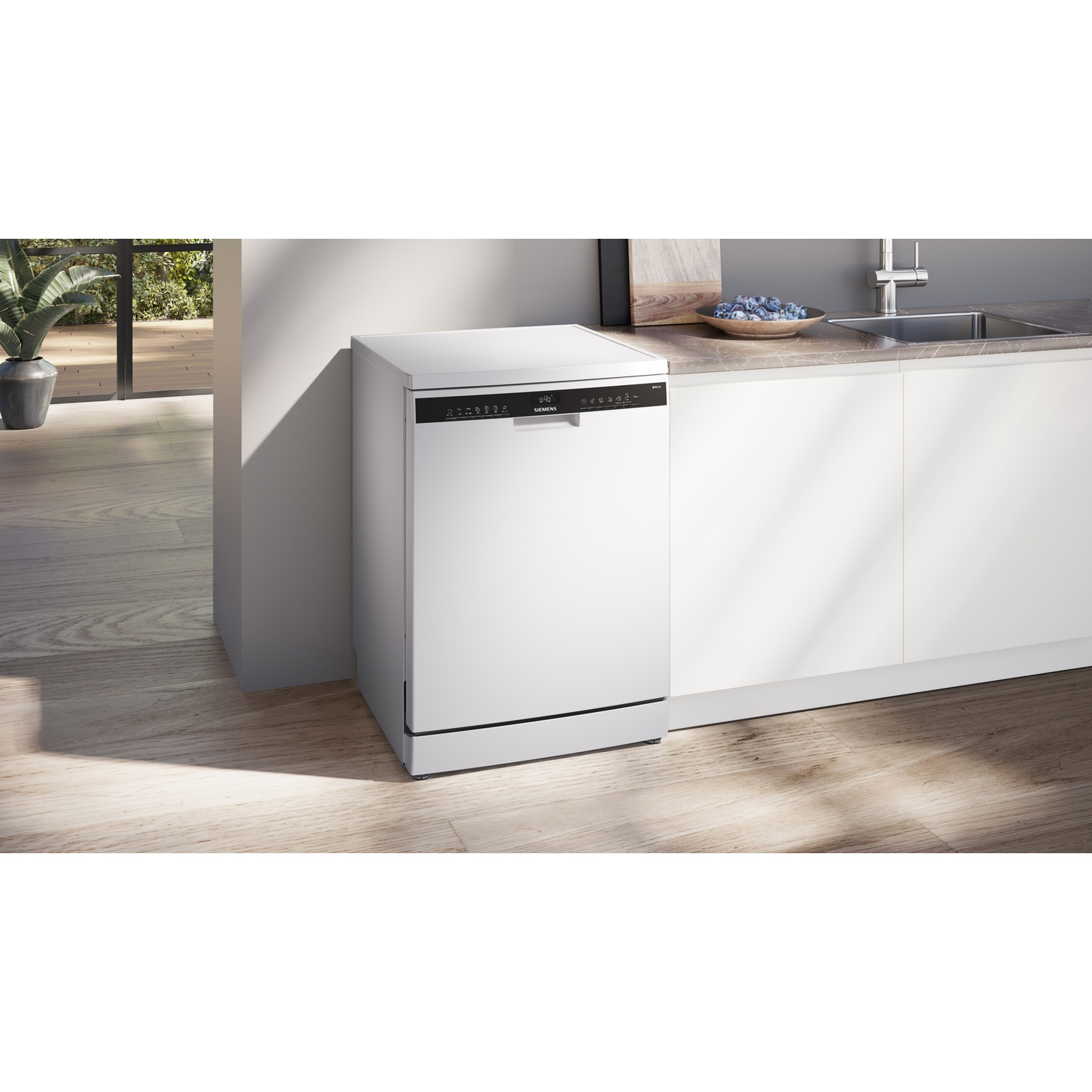 Witte vaatwasser in moderne keuken met gootsteen en bosbessen. Zonlicht stroomt binnen.