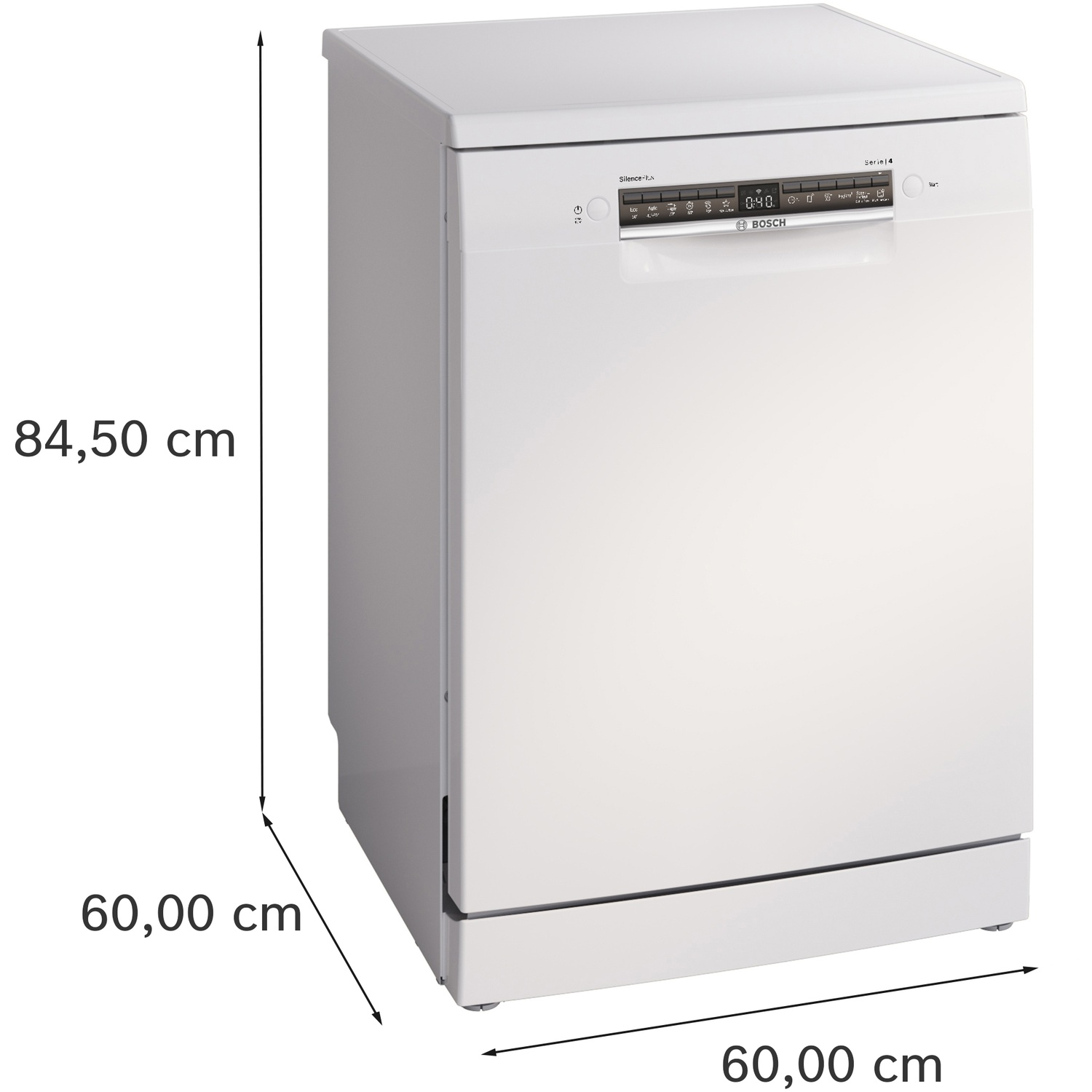 Lave-vaisselle Bosch blanc avec écran numérique et dimensions.