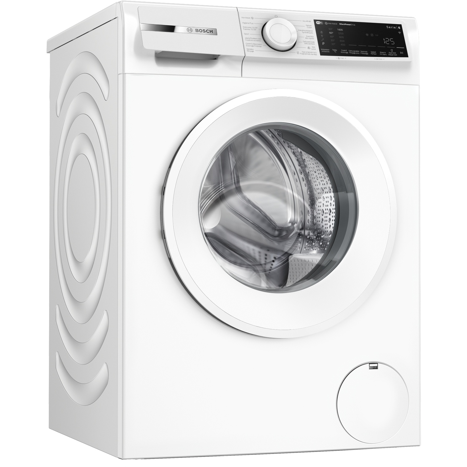 Machine à laver Bosch blanche avec écran numérique et porte ronde.