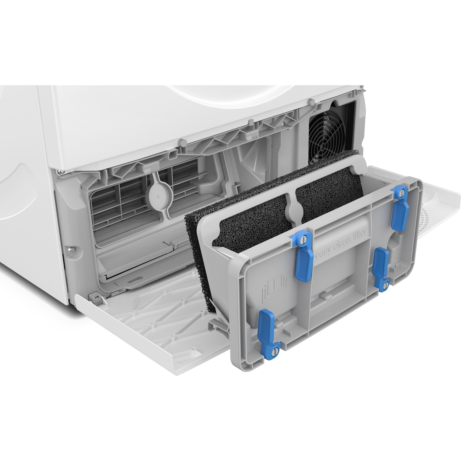 Sèche-linge blanc avec son compartiment filtre facile à nettoyer sorti, ventilateur visible.