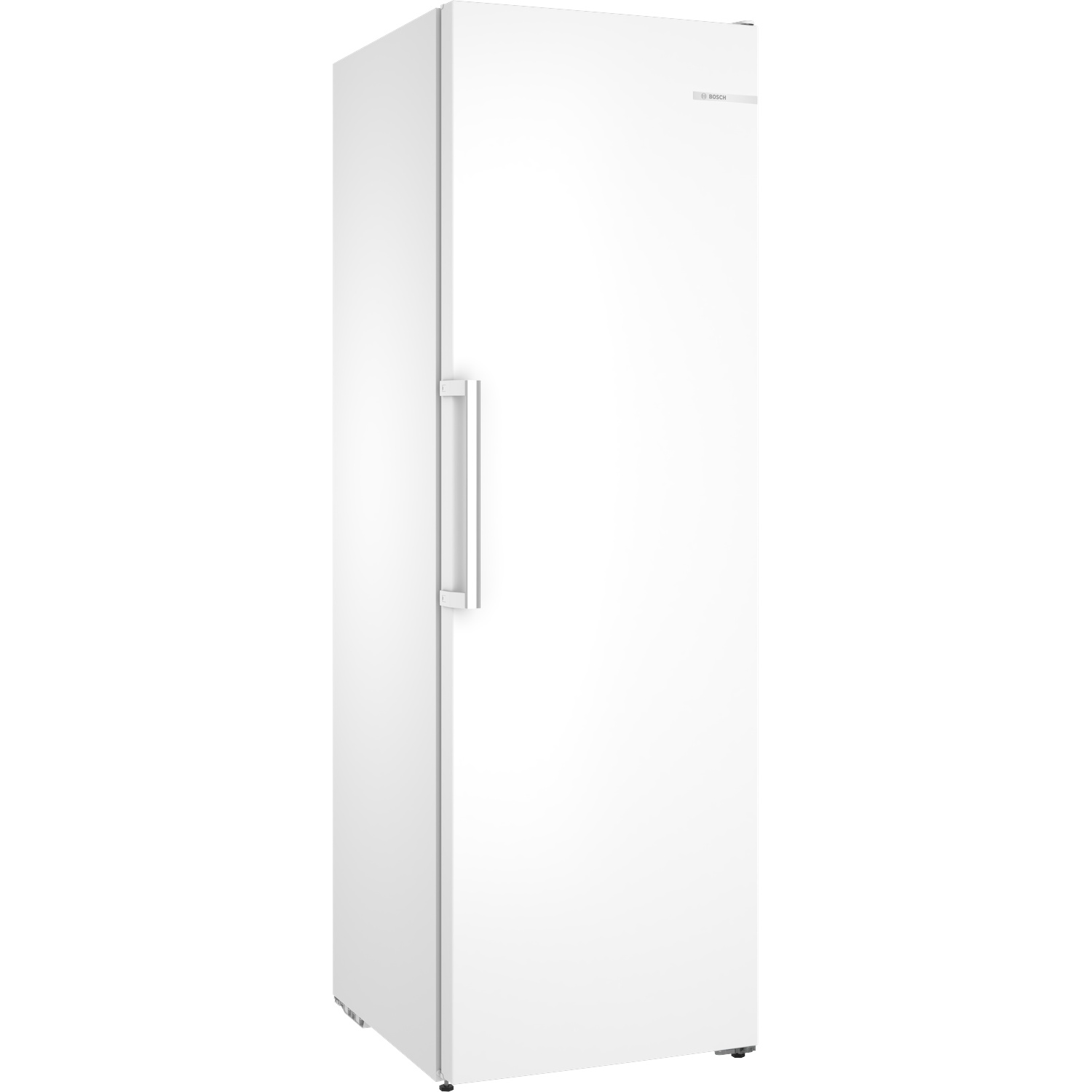 Un congélateur vertical Bosch blanc et élancé se dresse.