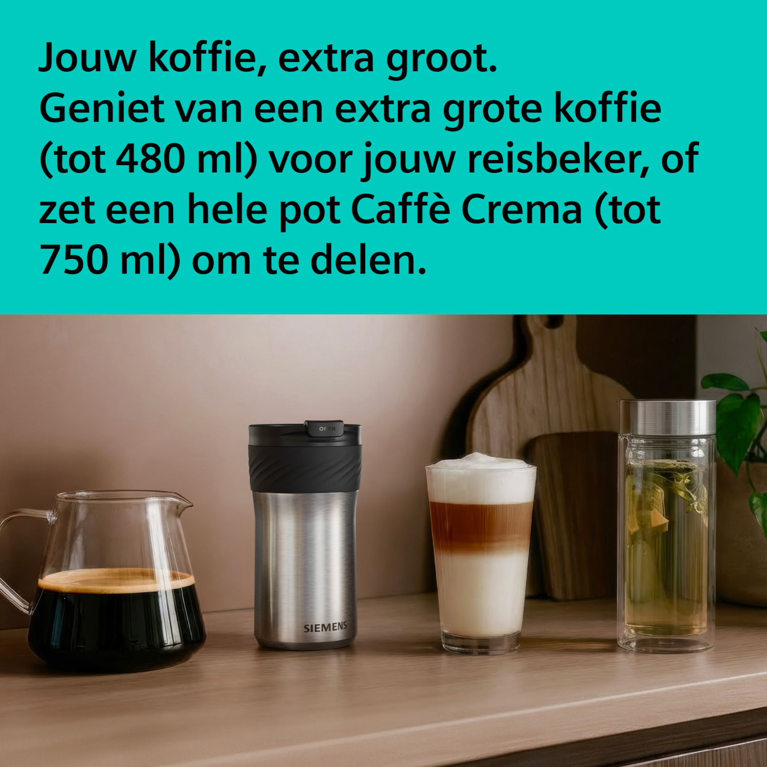 Coffee carafe, travel mug, latte macchiato, and tea glass on a wooden counter.