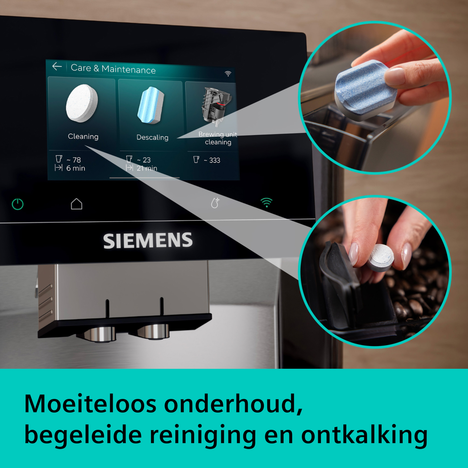 Siemens coffee machine with care and maintenance menu: cleaning, descaling, brewing unit.