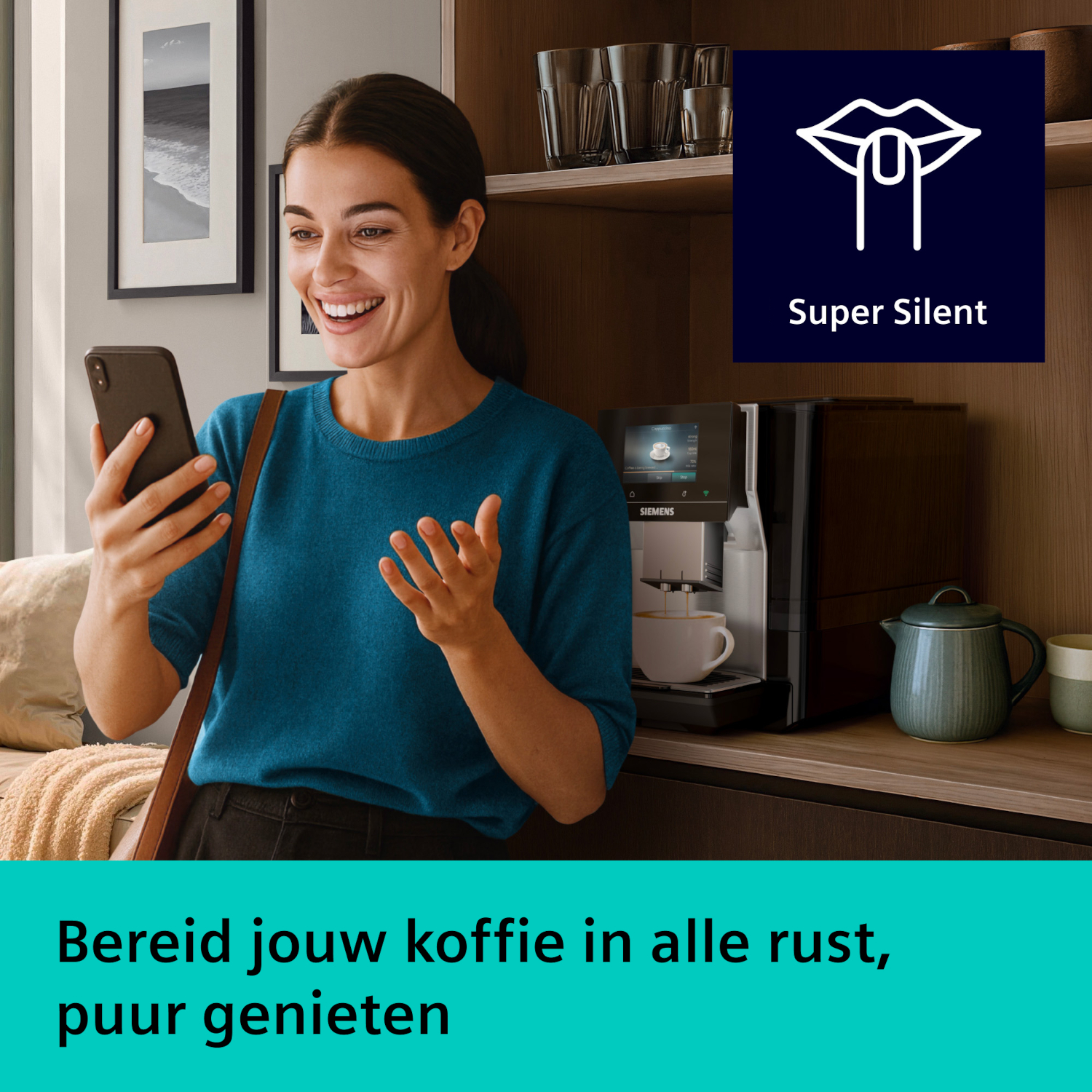 Woman with phone near coffee machine making coffee. Super Silent feature.
