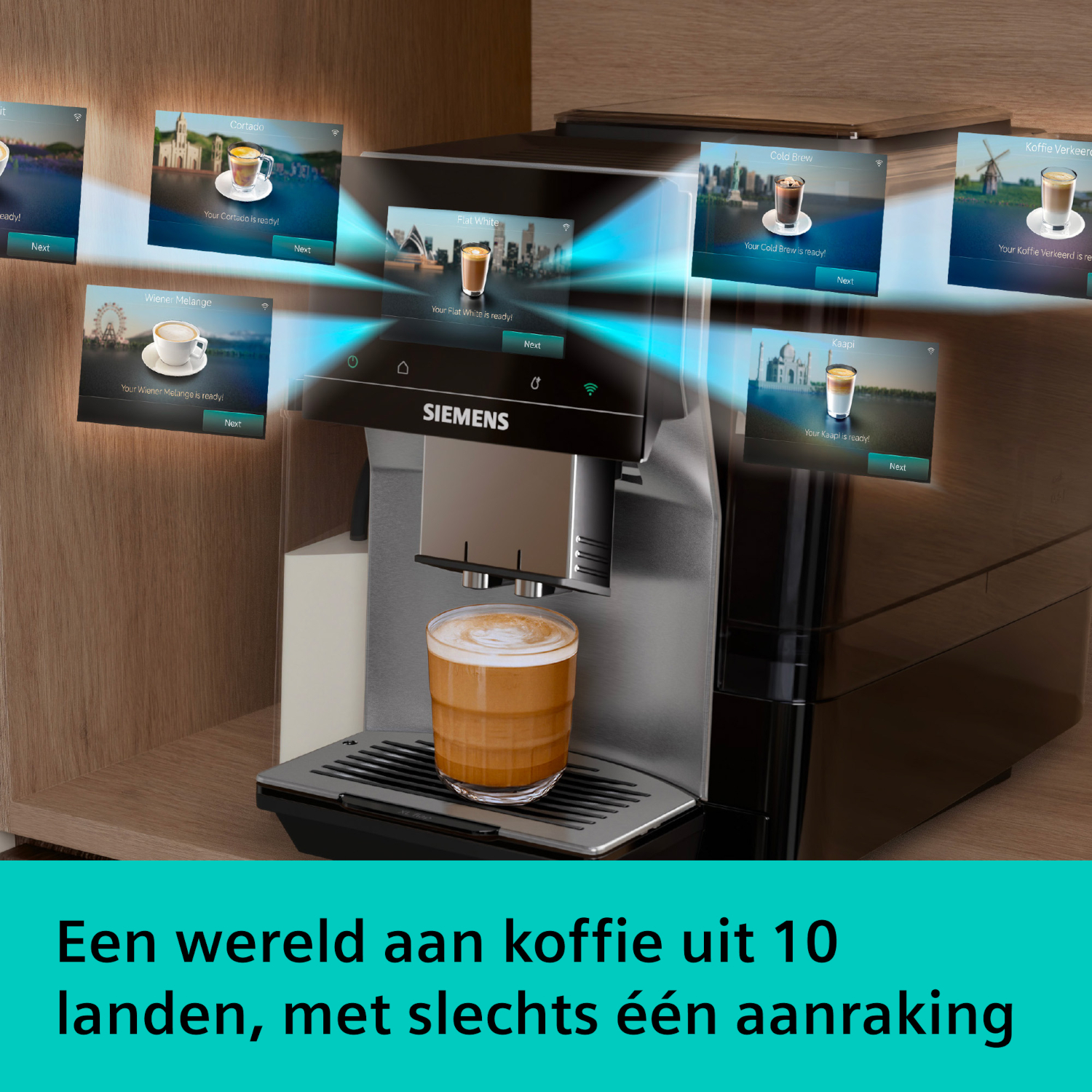 Coffee machine with touchscreen showing coffee types. Below, a finished coffee.