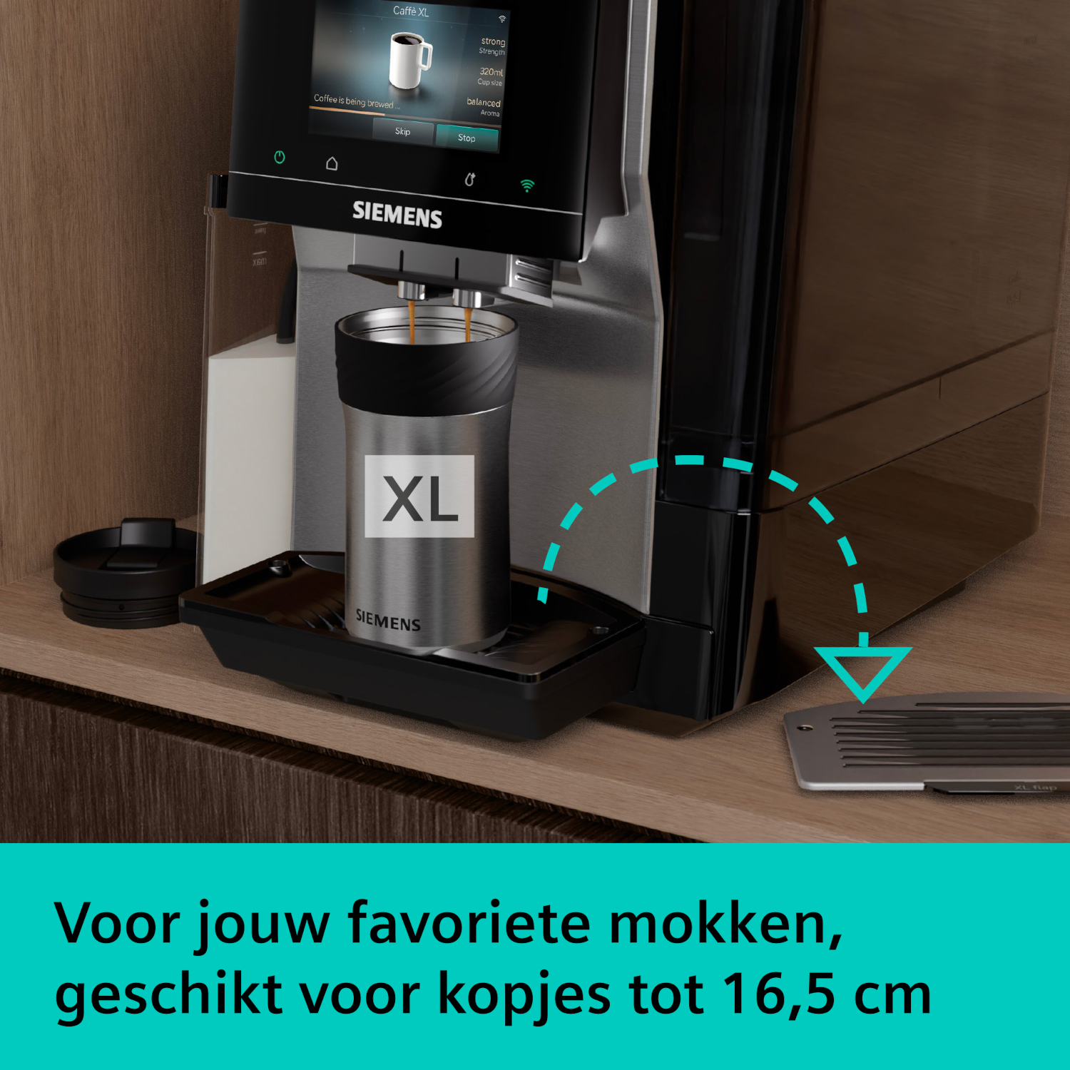 Coffee machine brewing coffee into an XL cup with SIEMENS logo.
