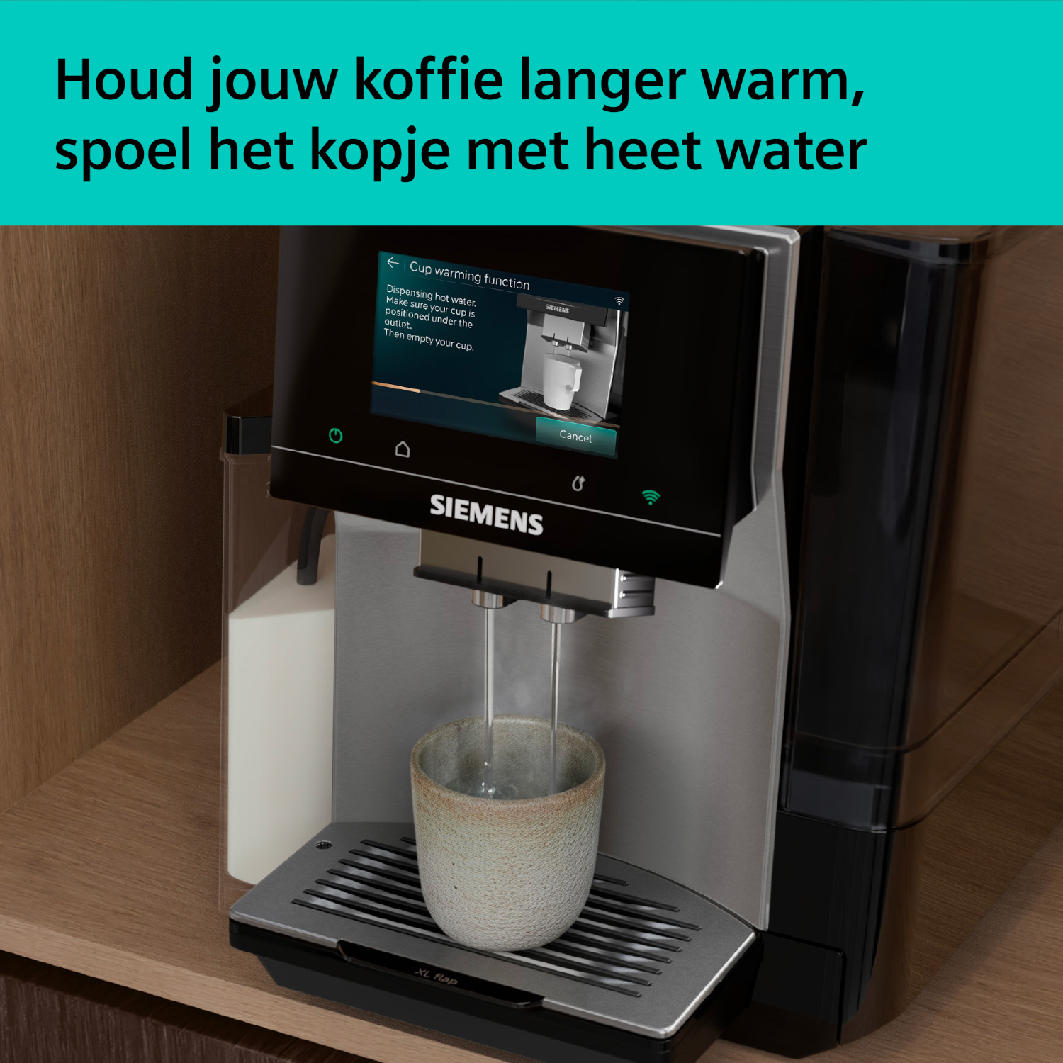 A Siemens coffee machine dispenses hot water into a cup.