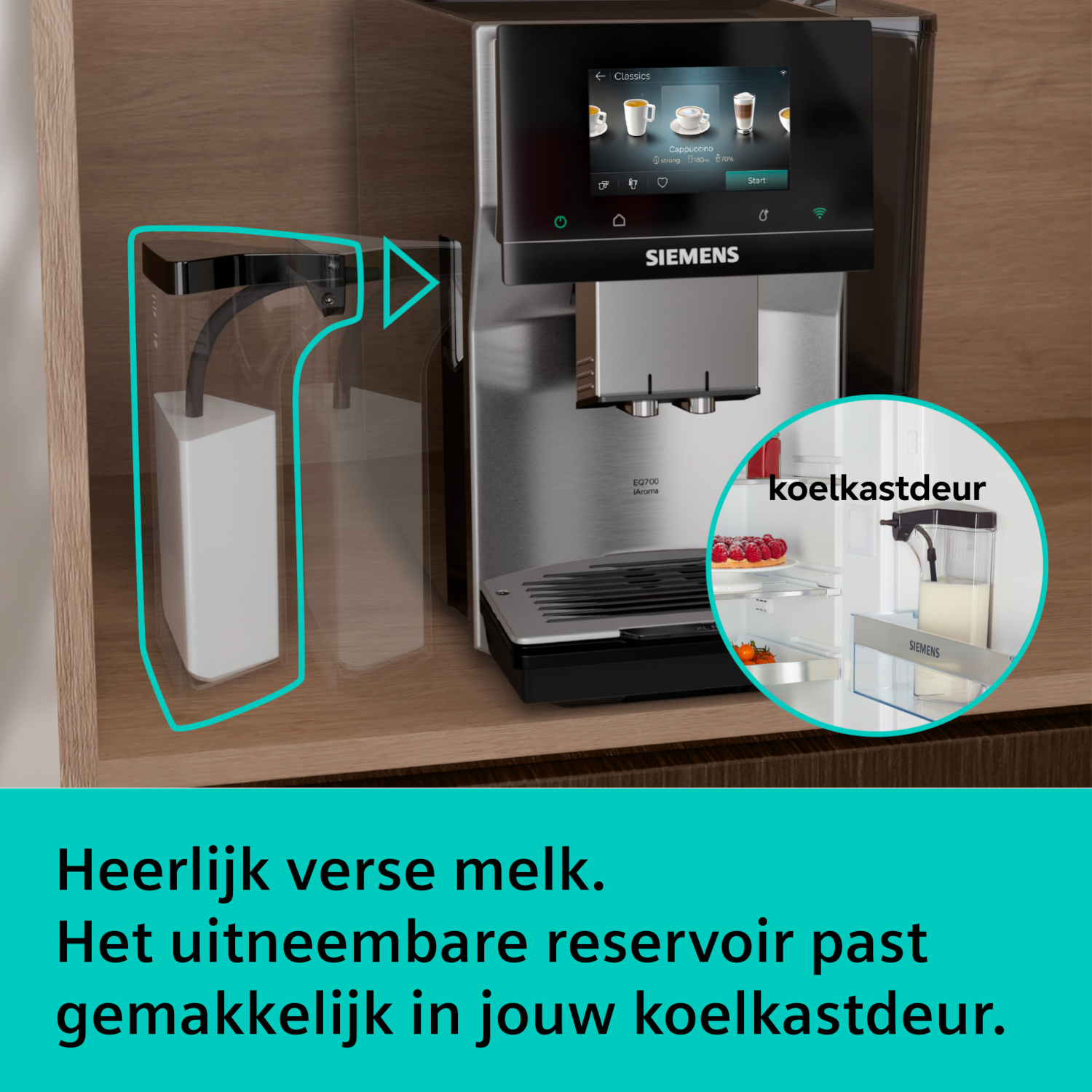 Siemens coffee machine with removable milk container in the fridge.