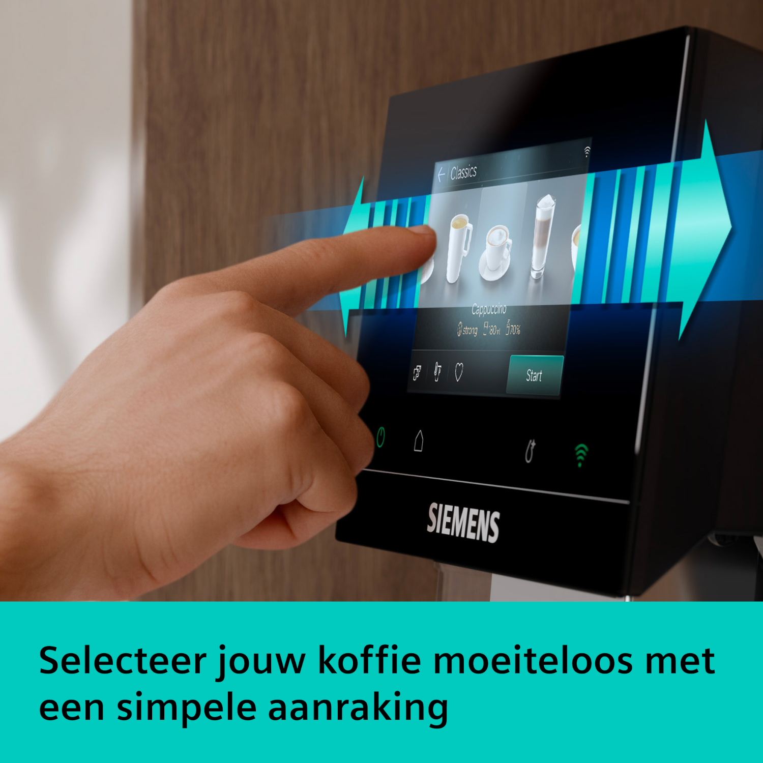 A hand touches a coffee machine screen to select a cappuccino.