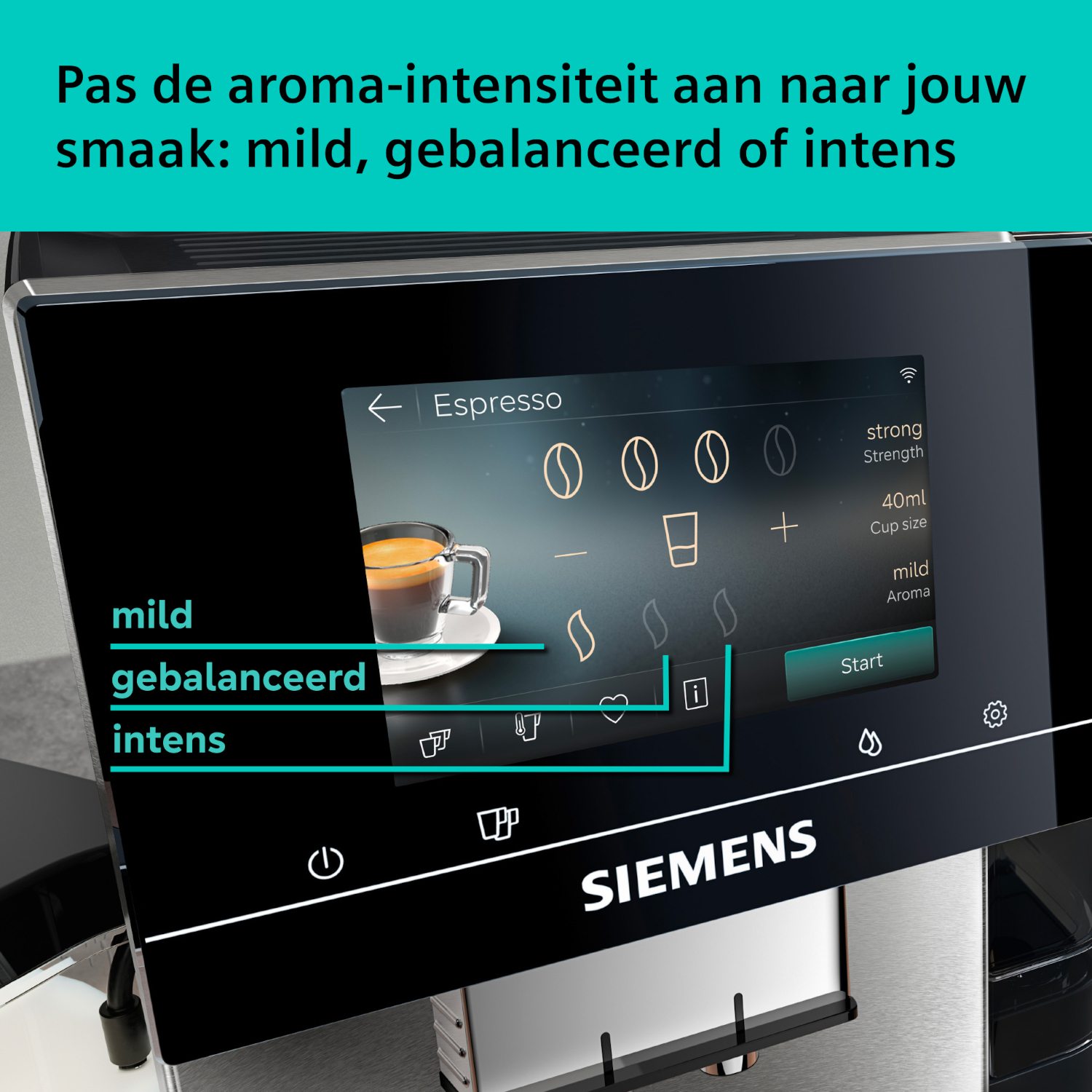 Siemens coffee machine touch screen selecting aroma: mild, balanced, intense.