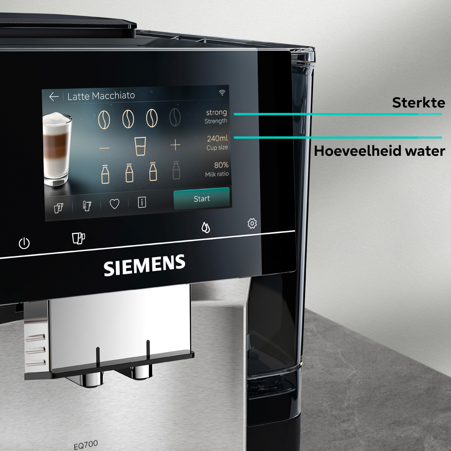 Siemens EQ700 coffee machine displays Latte Macchiato settings: strength, 240ml, 80% milk ratio.