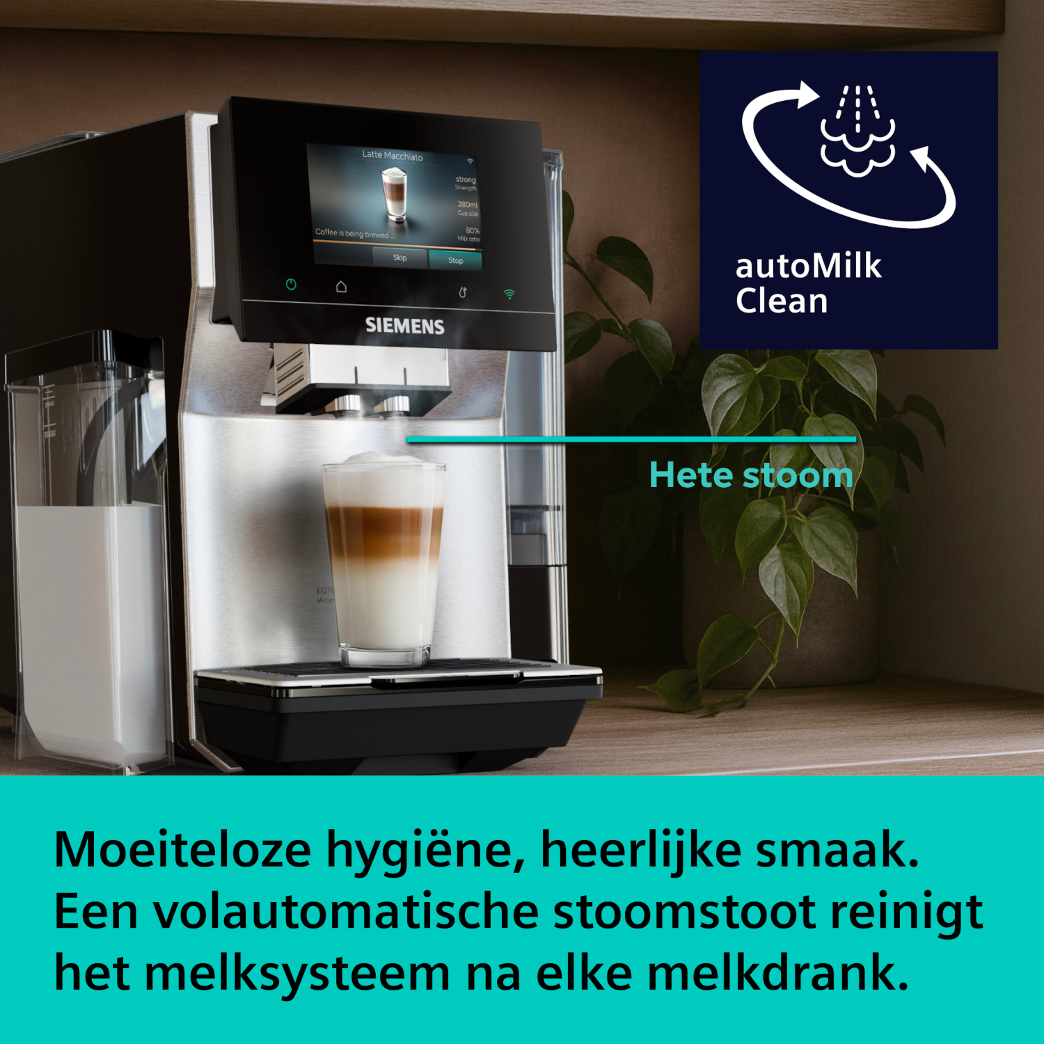 Siemens automatic coffee machine brews Latte Macchiato, features autoMilk Clean.