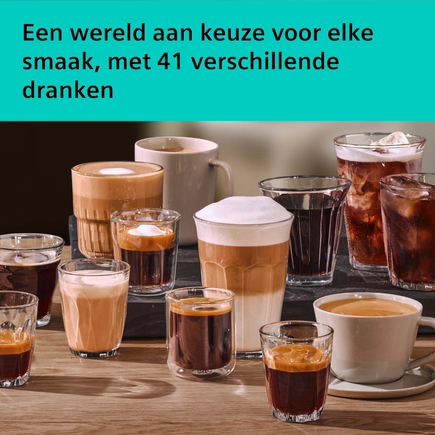 Various coffee drinks in glasses and cups, arranged on a wooden table.