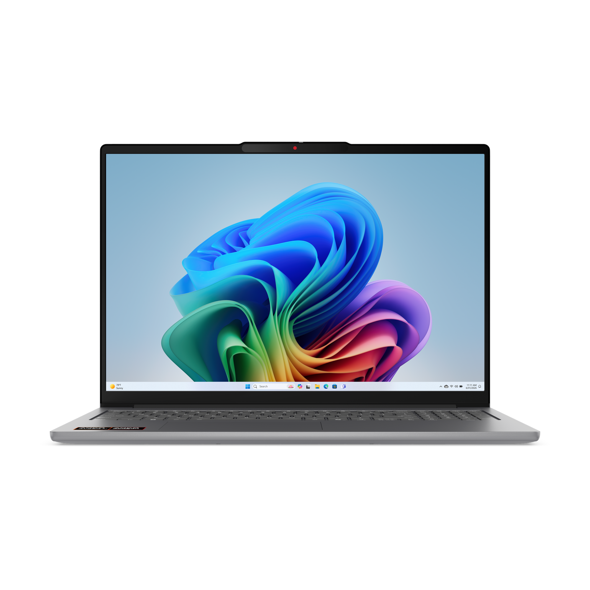 Ein geöffneter Laptop mit einem bunten Hintergrundbild und einer Tastatur.