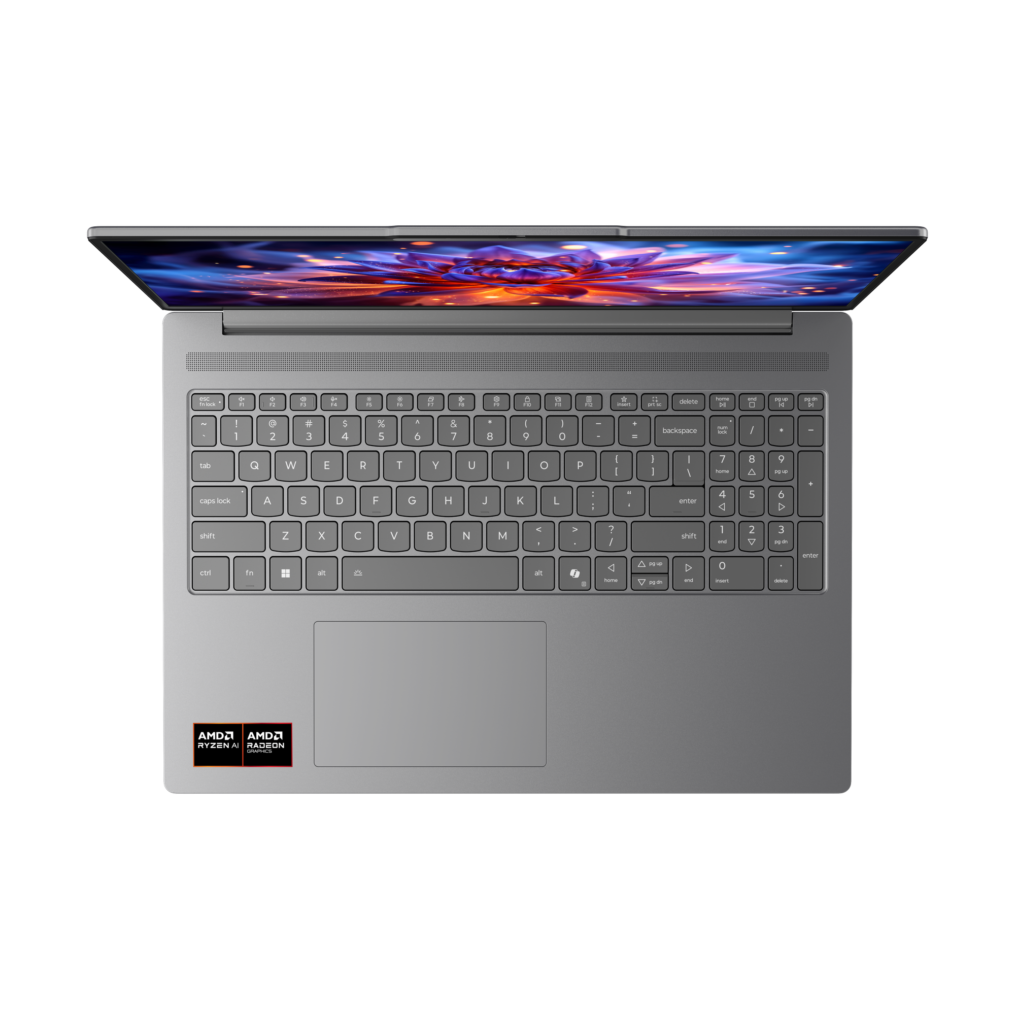 Grauer Laptop mit geöffnetem Bildschirm, der ein buntes Muster zeigt.