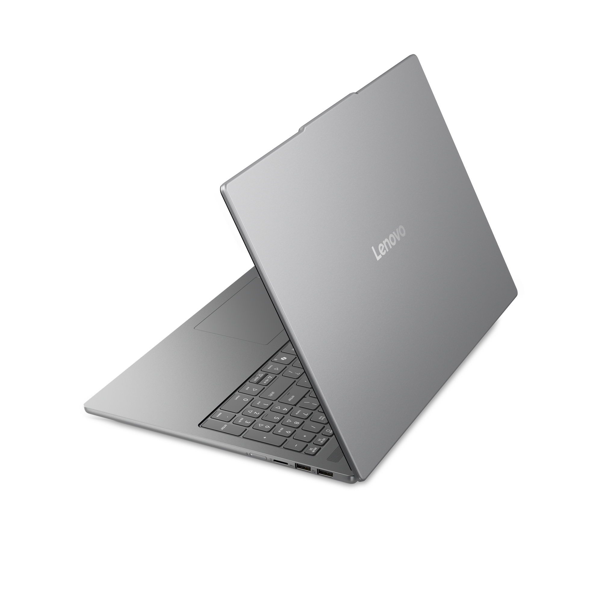 Ein silberner Lenovo Laptop ist auf schwarzem Hintergrund geöffnet.