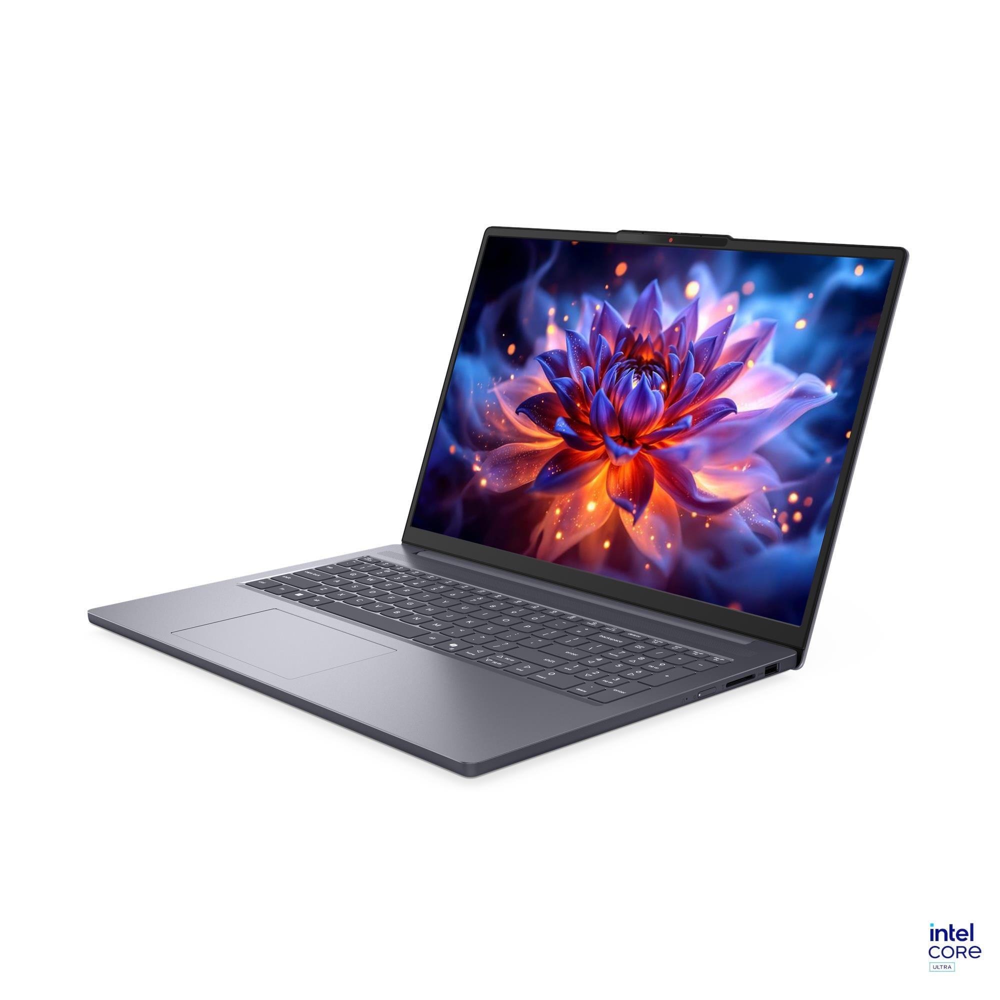 Grauer Laptop mit Tastatur und Touchpad, Bildschirm zeigt eine blaue Blüte.