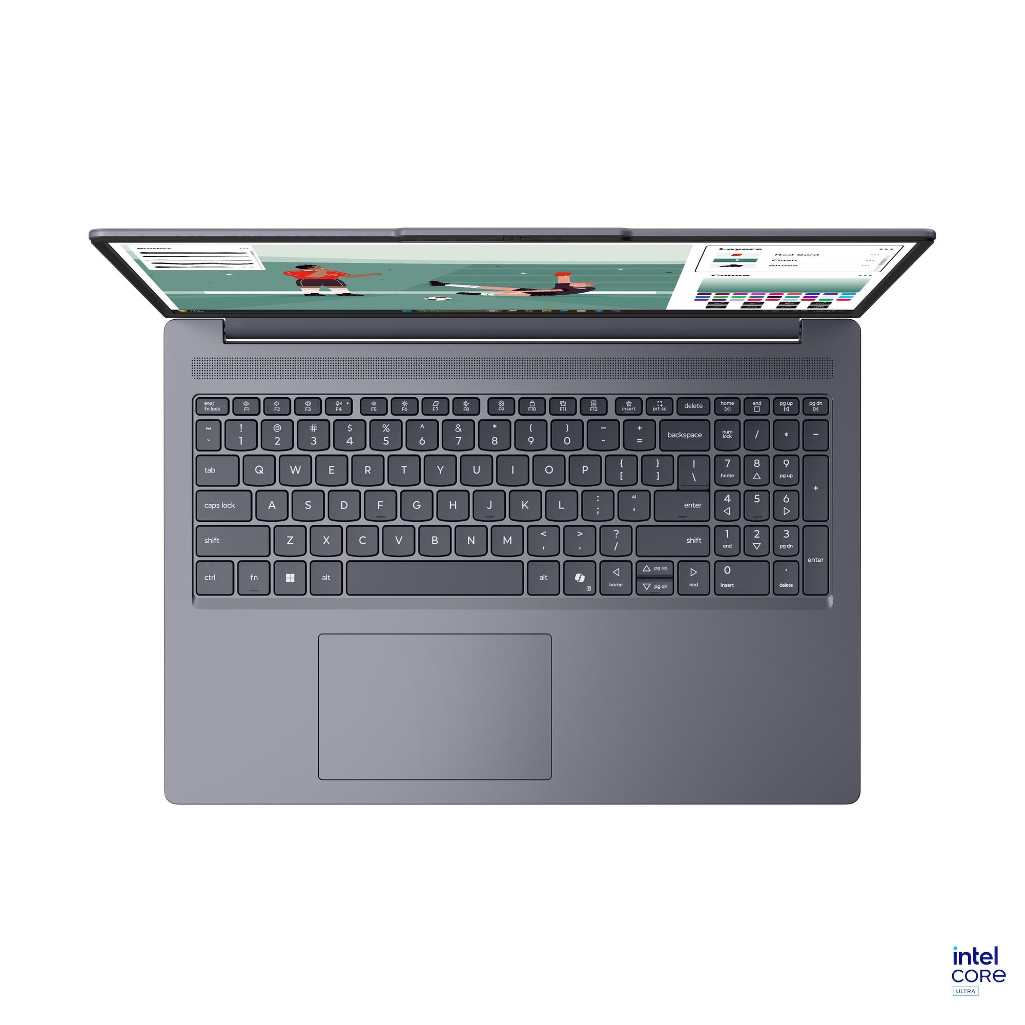 Grauer Laptop mit geöffnetem Bildschirm, der eine Grafikshow anzeigt. Intel Core Ultra Logo unten rechts.