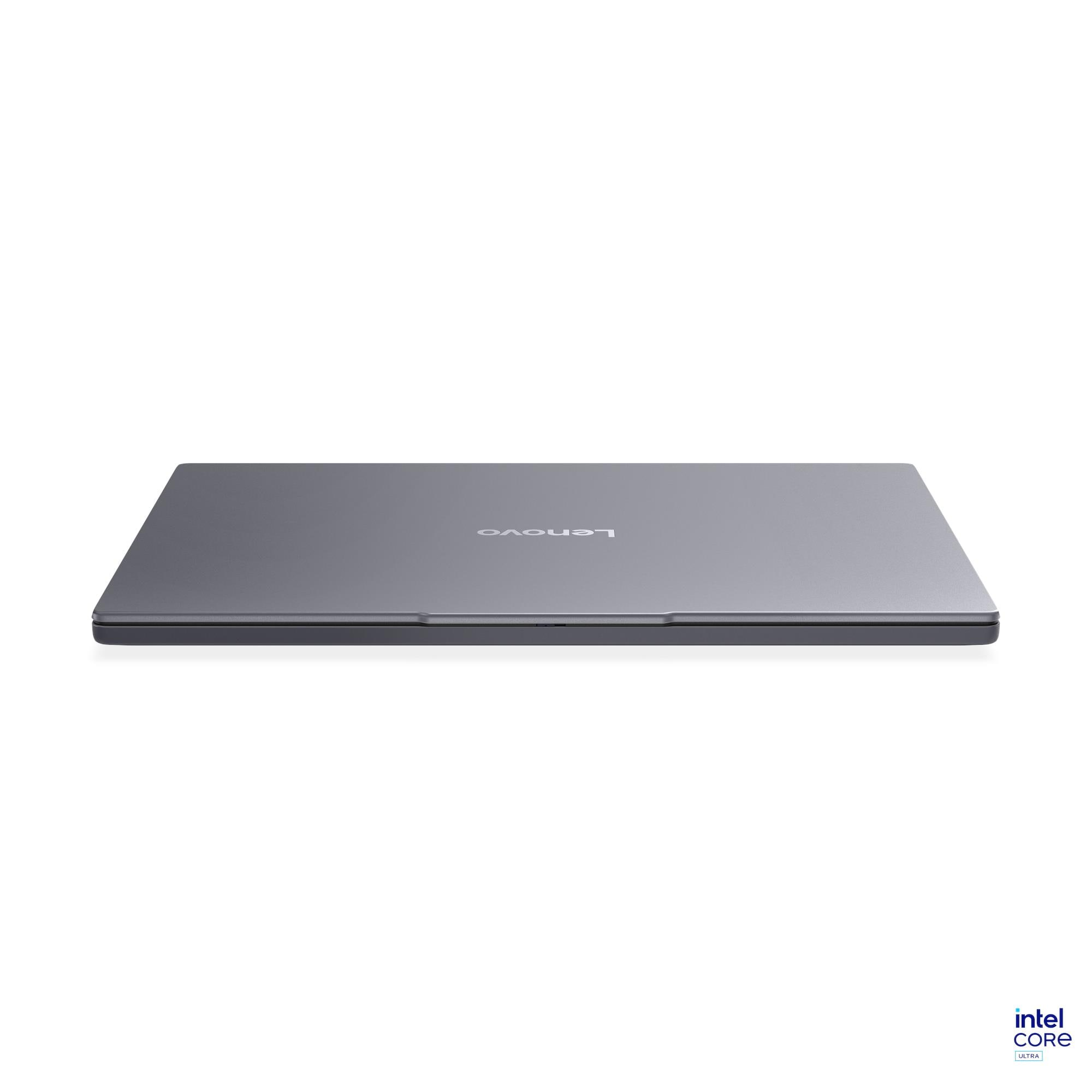 Geschlossener grauer Lenovo Laptop mit Intel Core Ultra Logo im unteren rechten Eck.