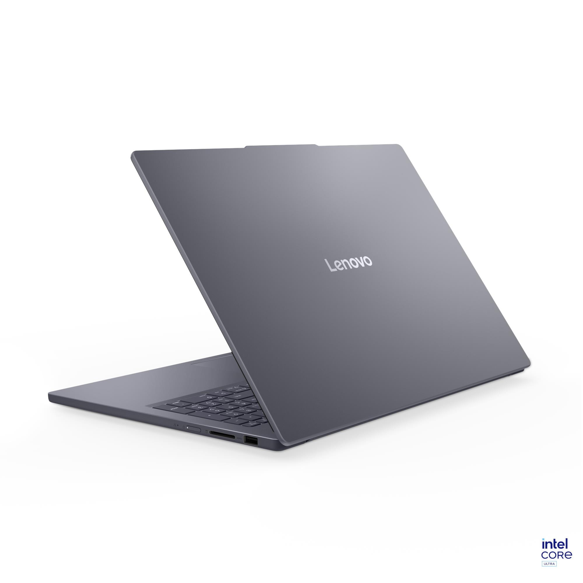 Grauer Lenovo Laptop mit Intel Core Ultra Logo, auf weißem Hintergrund.