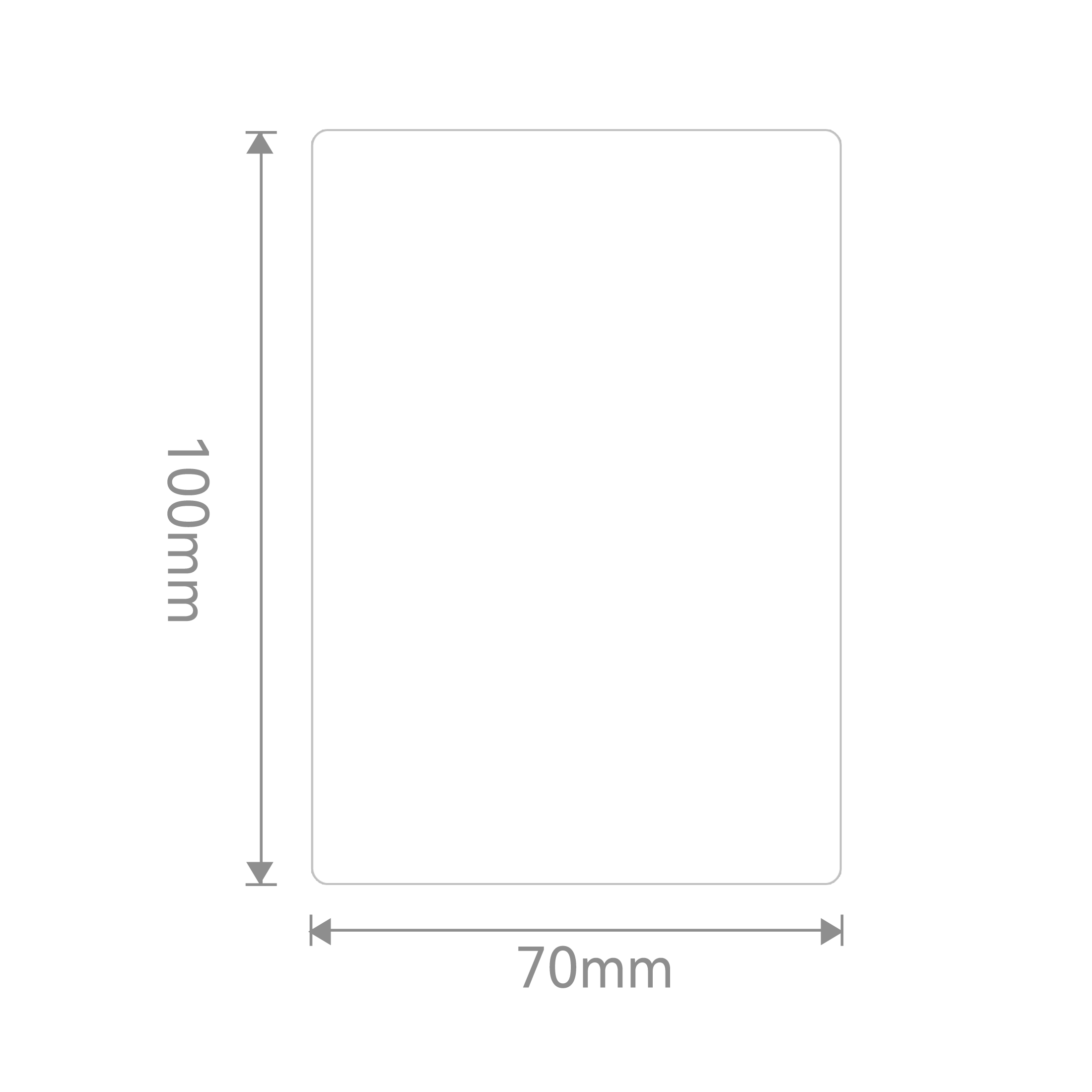 Weiße Karte mit Maßen 100mm x 70mm. Graue Markierungen zeigen die Größe.